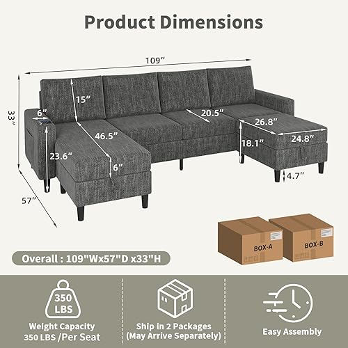 Miniatura 2 de Sofás seccionales para sala de estar, sofá seccional de tela de lino suave de 6 asientos con otomana de almacenamiento, sofá moderno convertible en