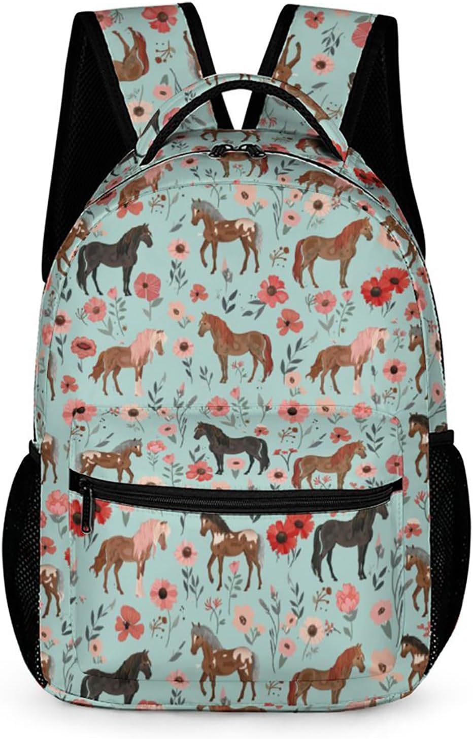 KOYI Horse Backpack Girls Horse with Floral Flowers Backpack for Girls, Kids Horse Backpack for School Travel, Cute Horse Stuff for Girls, Elementary Boys Girls School Backpack, 16.5 Inch, Mint-Blue