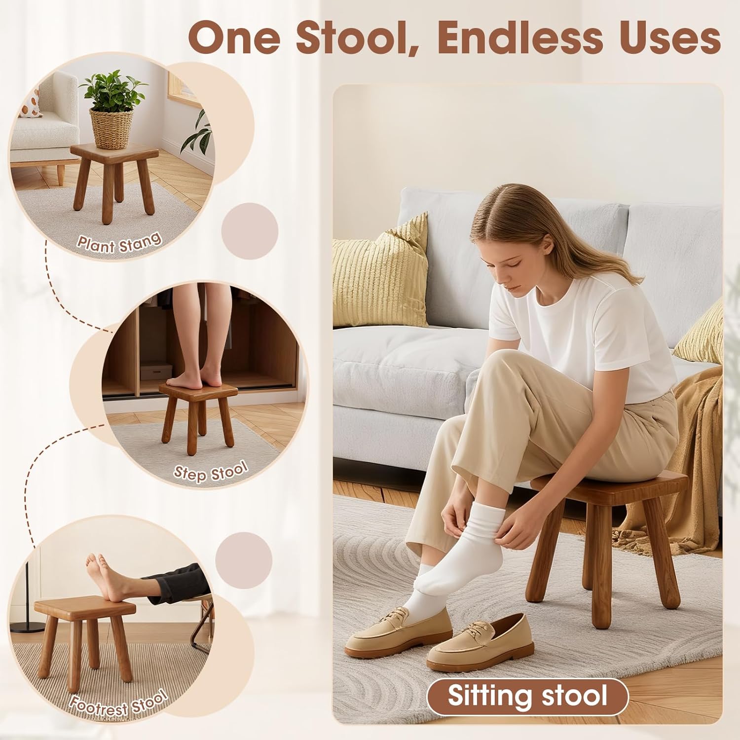 9 Inch Small Wooden Step Stool, multi-functional footstool, shoe changing stool, indoor plant stand, portable and sturdy, suitable for living room, kitchen, bedroom, bathroom (Walnut wood color)