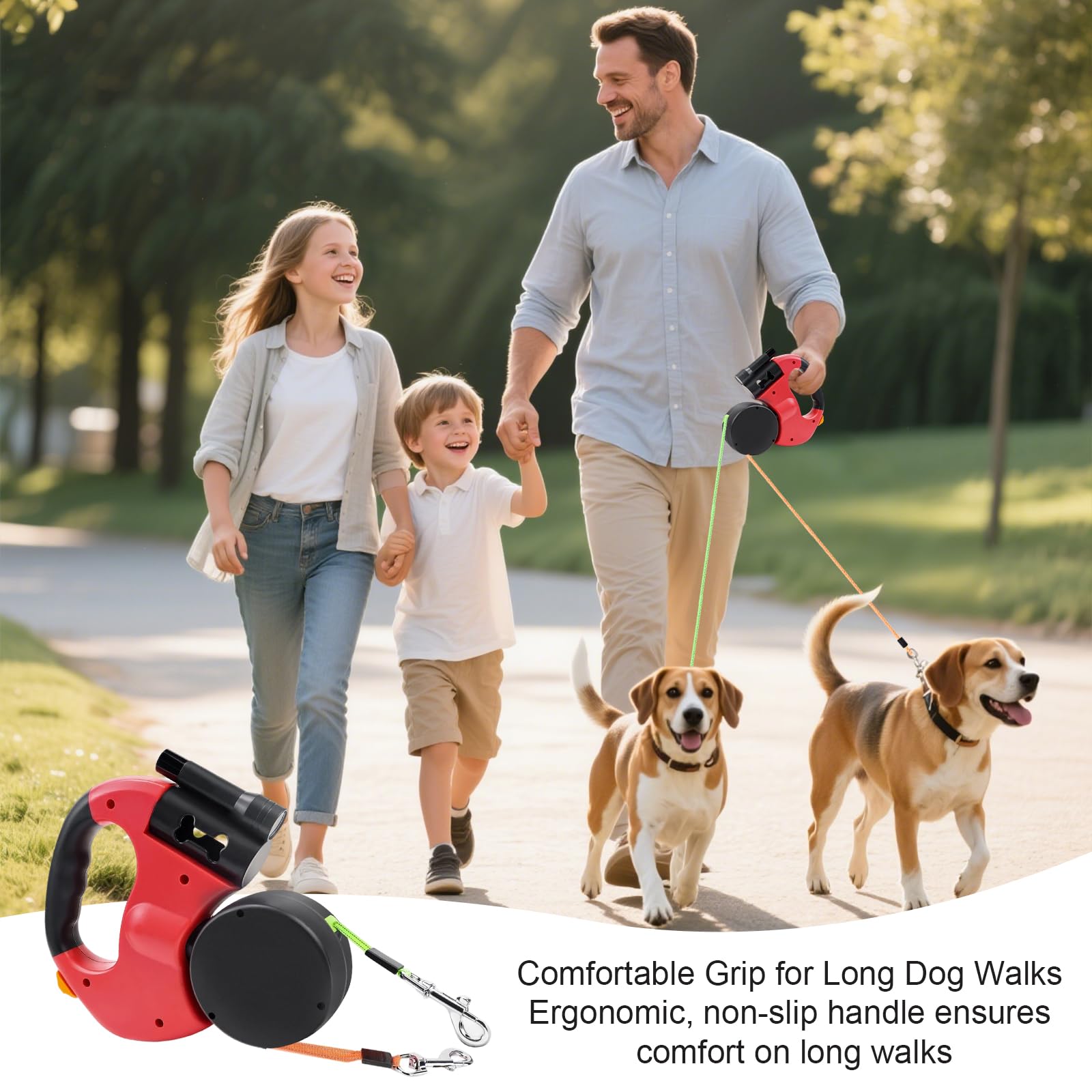 Guinzaglio retrattile da 3 m per 2 cani, doppio guinzaglio con luce LED, girevole a 360°, nylon riflettente, regolabile, per cani di piccola e grande taglia, rosso