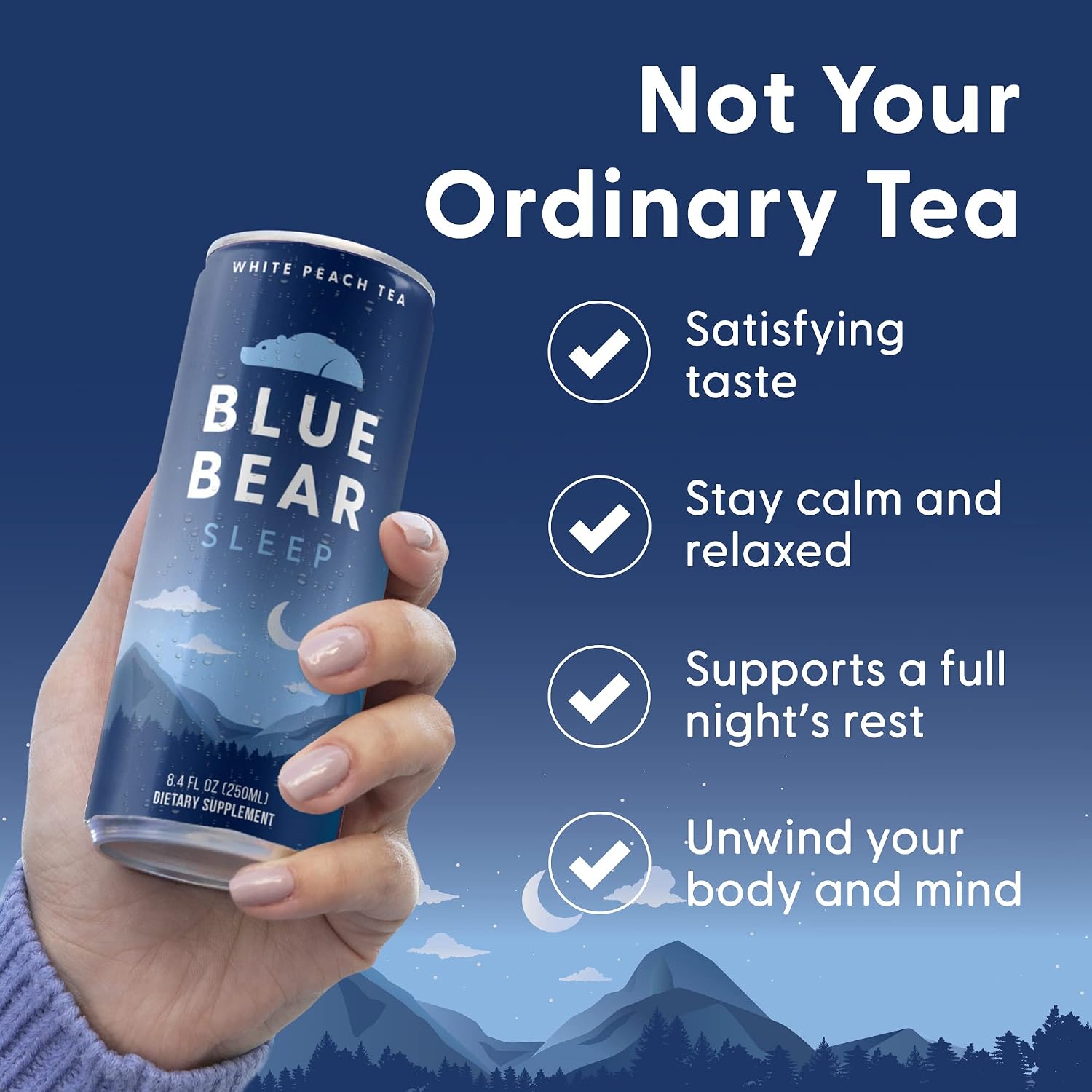 Blue Bear - Sleep Tea, White Peach Herbal Tea for Sleep Support, Canned Bedtime Tea, Lavender, Ashwagandha and Chamomile Tea, With 5 mg Melatonin, Caffeine-Free, Zero Sugar