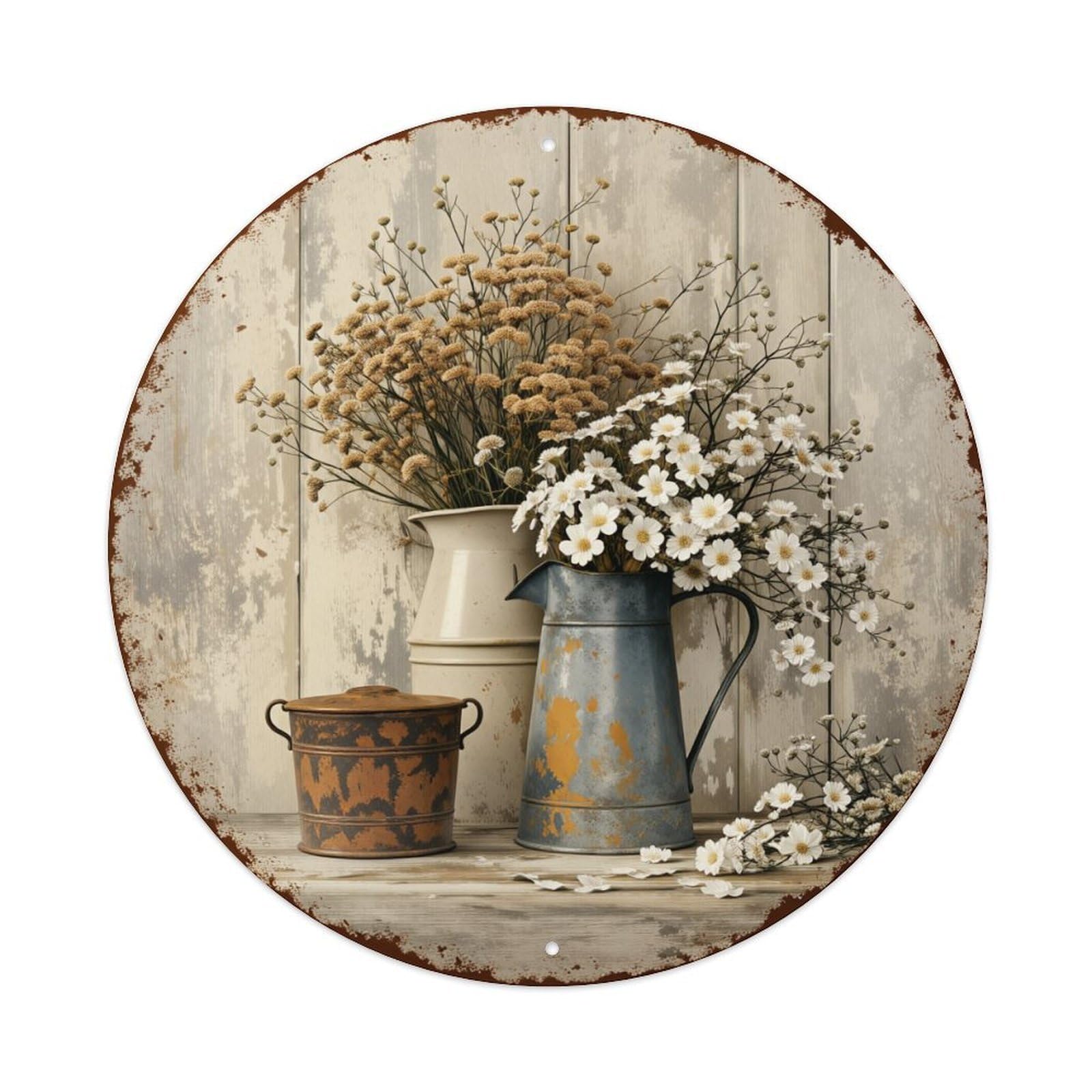 Rustic Floral Vase Arrangement Still Life Round Tin Sign Retro Metal Sign for Cafe Bar Pub Home Game Room Gym Club Wall Decoration Vintage Metal Poster 8x8 Inch