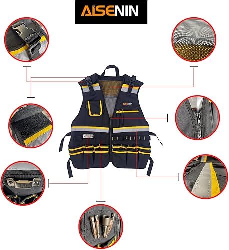 Miniatura 2 de Chaleco reflectante de seguridad con múltiples bolsillos y cremallera, chaleco de herramientas resistente para electricistas, carpinteros