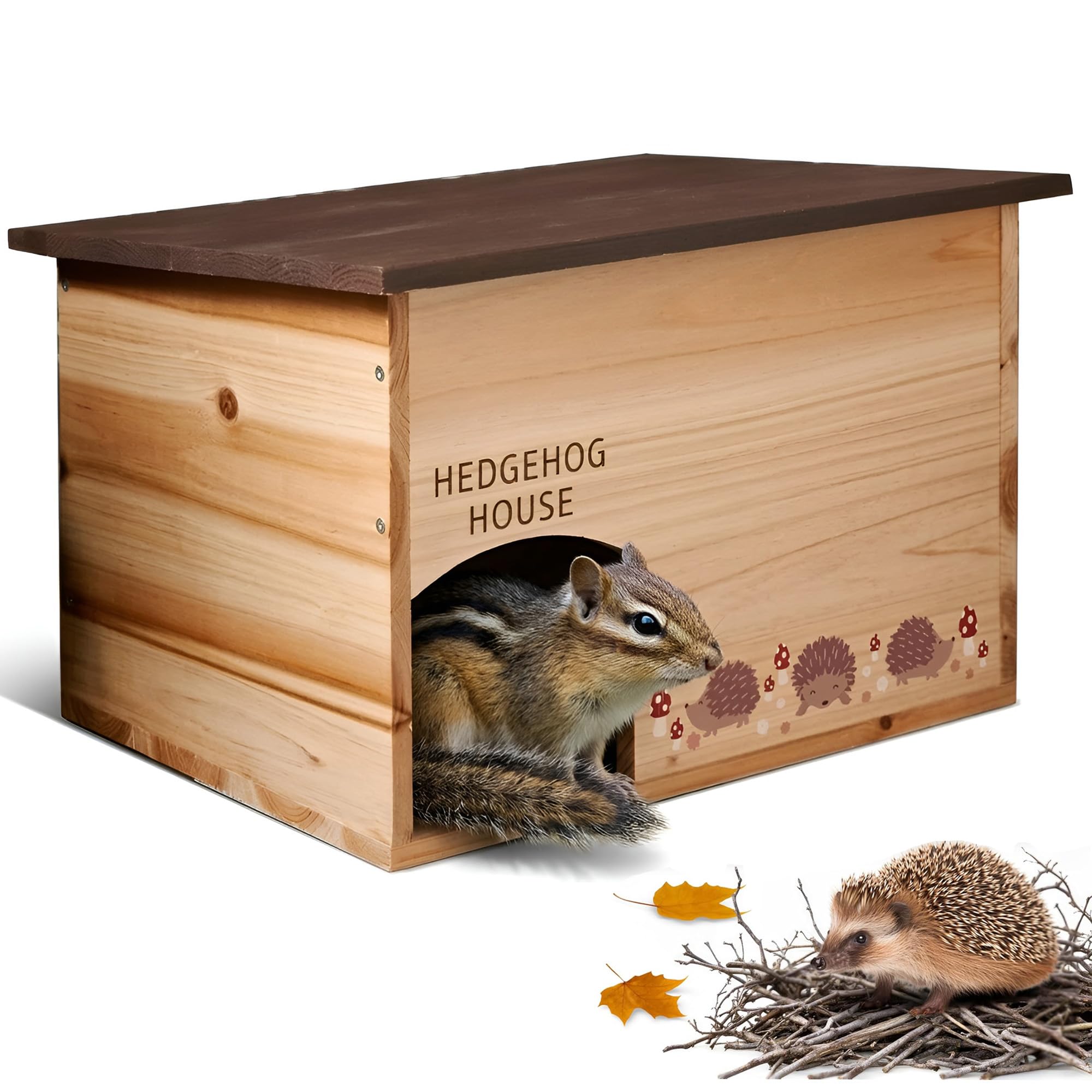 Wooden Hedgehog House - Outdoor Wildlife Shelter with Waterproof Roof Hedgehog Hotel - Feeding Station Safe Garden Habitat for Hedgehog & Small Animals