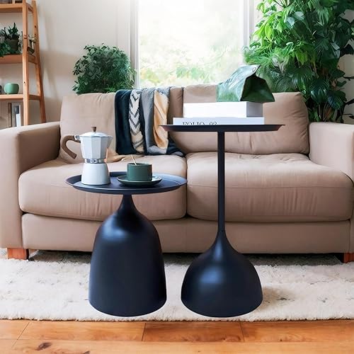 Miniatura 4 de Benkyo Mesas anidables negras con pedestal, juego de 2 mesas auxiliares anidables, mesa auxiliar redonda de metal, mesa de sofá moderna para sala de