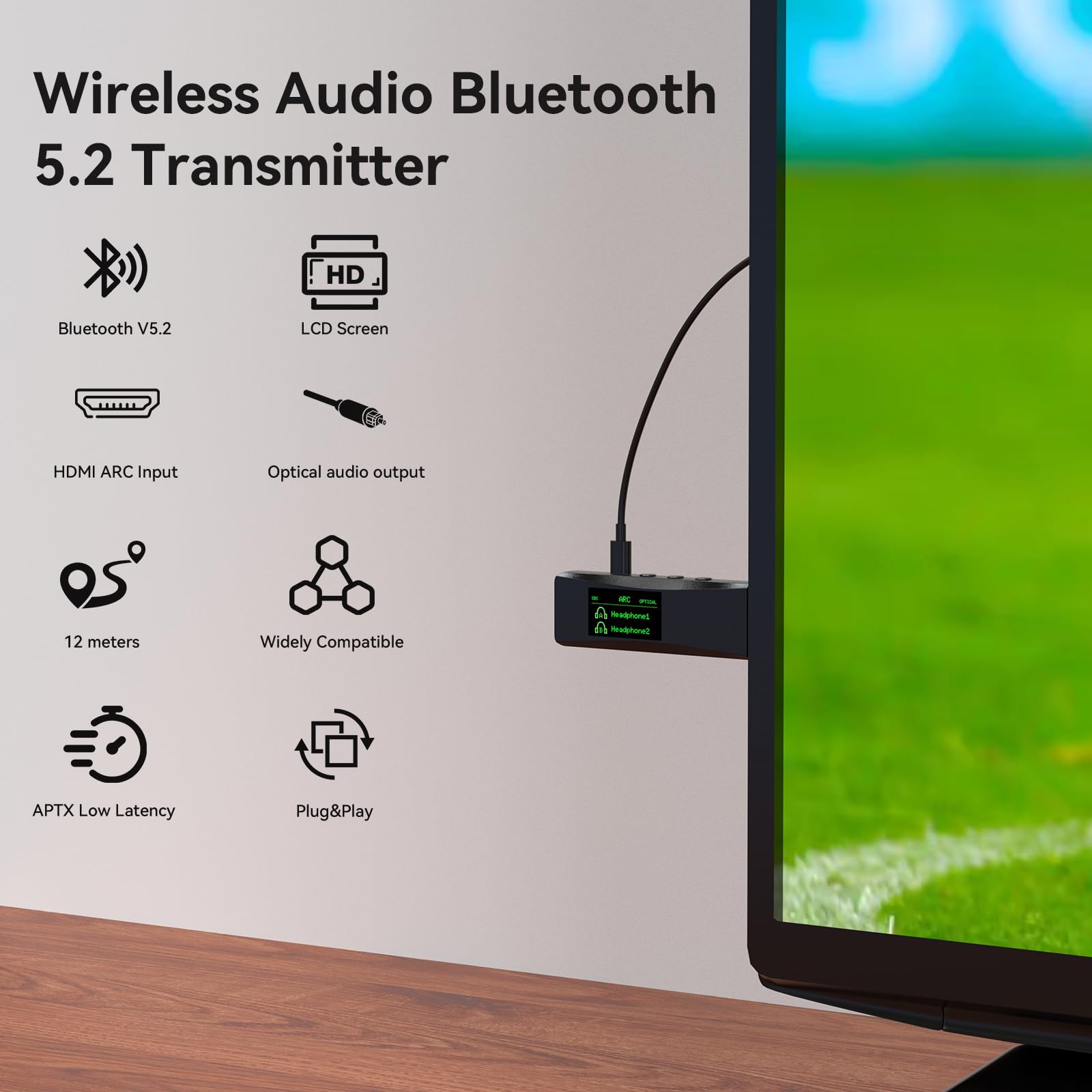 Bluetooth 5.2 Transmitter für 2 AirPods oder BT-Geräte, kabelloser Audio-Adapter mit HDMI-ARC-Eingang & 3,5-mm-Stereo-Eingang, optischer Audioausgang & Bluetooth-Ausgang, LCD-Bildschirm, Plug and Play