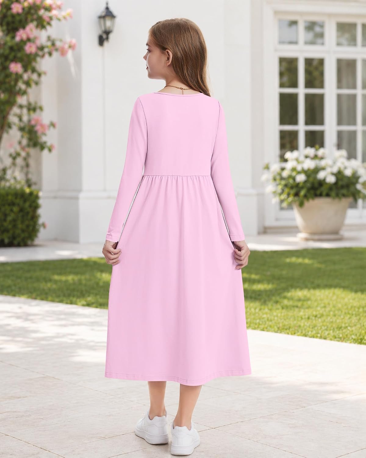 Girls Long Sleeve Crewneck Fall Empire Waist Dress with Pockets 2026 image 5