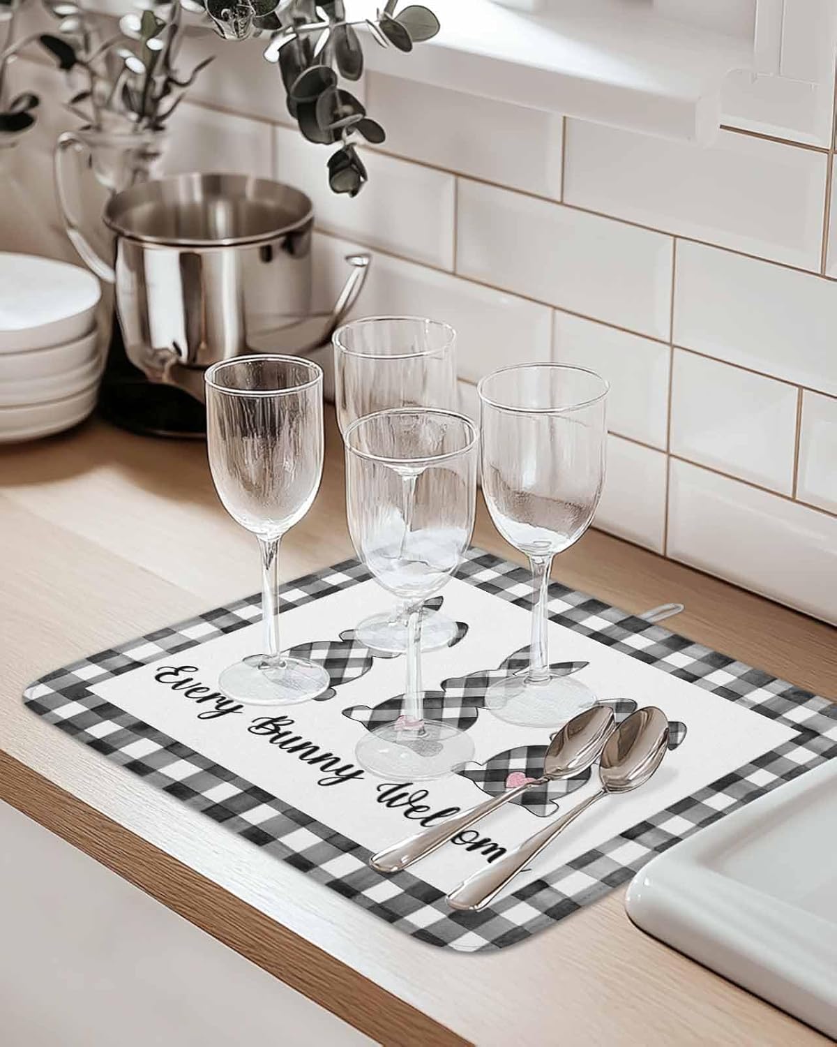 2 Pack Dish Drying Mats,Easter Spring Bunny Rabbit Super Absorbent Microfiber Dishes Drainer Mat Black White Buffalo Checkered Reversible Drying Rack Pads for Kitchen Counter Sink