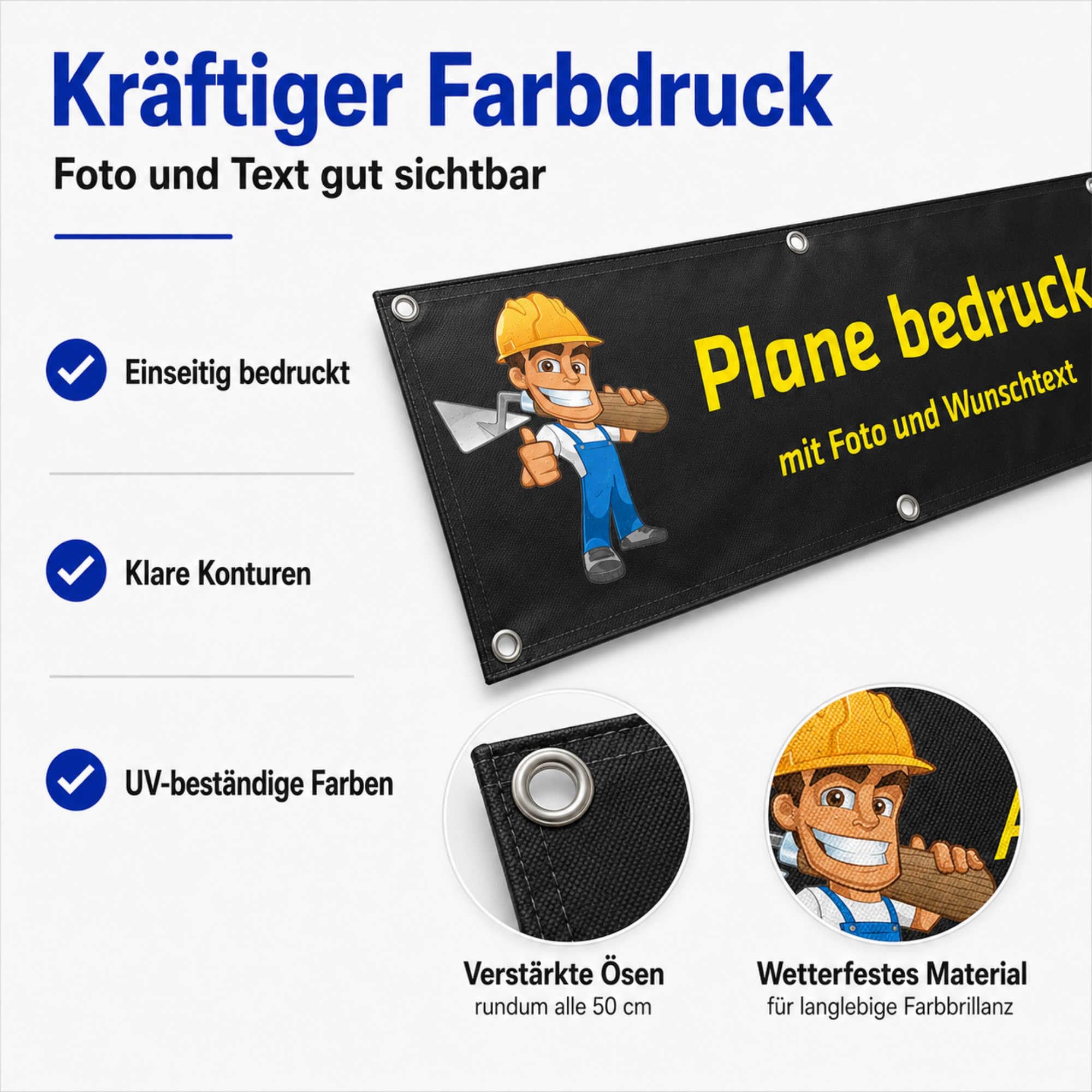 Indigos UG - Banner selbst gestalten - Plane Wasserdicht Gerüstplane - 200x66 cm - mit Wunschtext & Foto - für Baustelle, Garten, Zaun, Konzert, Gerüst - Saum - Ösen - bedruckt