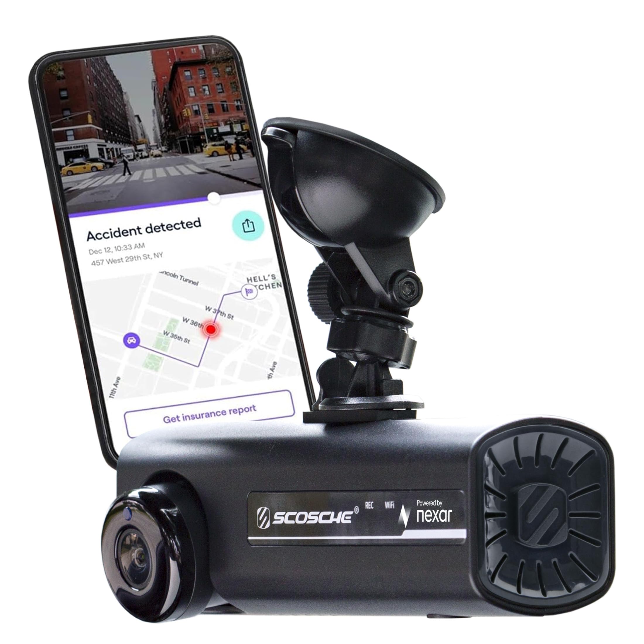 Scosche NEXC2128-XCES0 Full HD Two-Way Smart Dash Cam Powered by Nexar with Suction Cup and 128GB Memory
