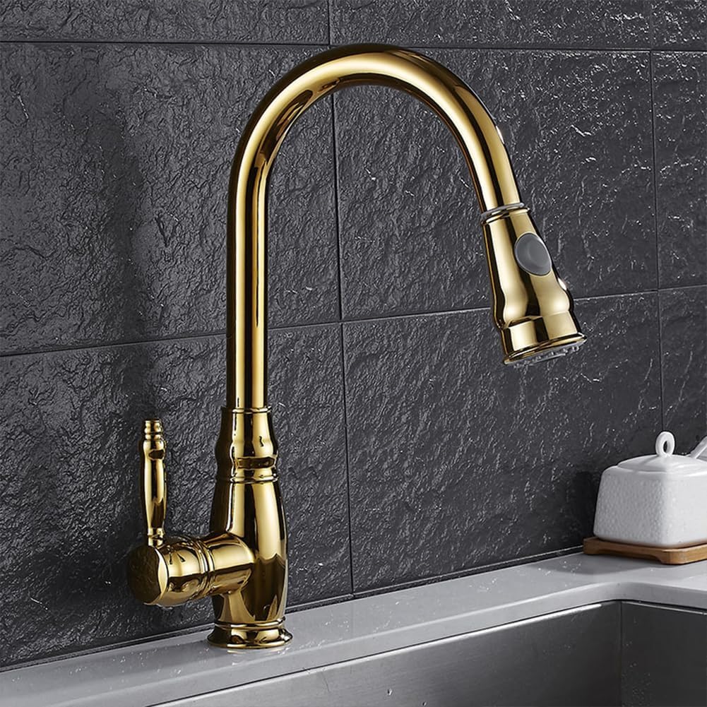 Kitchen Faucet with Pull Out Spray, High Arc Mixer Tap, 360° Swivel, Antique Style Brass, Single Lever, 2 Spray Modes, Commercial Sink Fixture