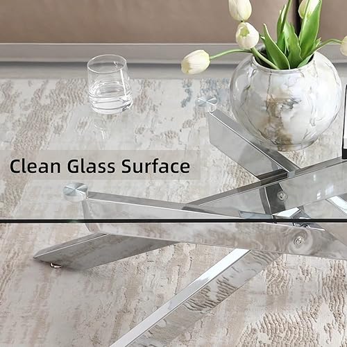 Miniatura 4 de Mesa de centro rectangular moderna, tapa de vidrio templado y pata tubular de metal, 47.3 pulgadas de largo x 23.6 pulgadas de ancho x 18.1 pulgadas
