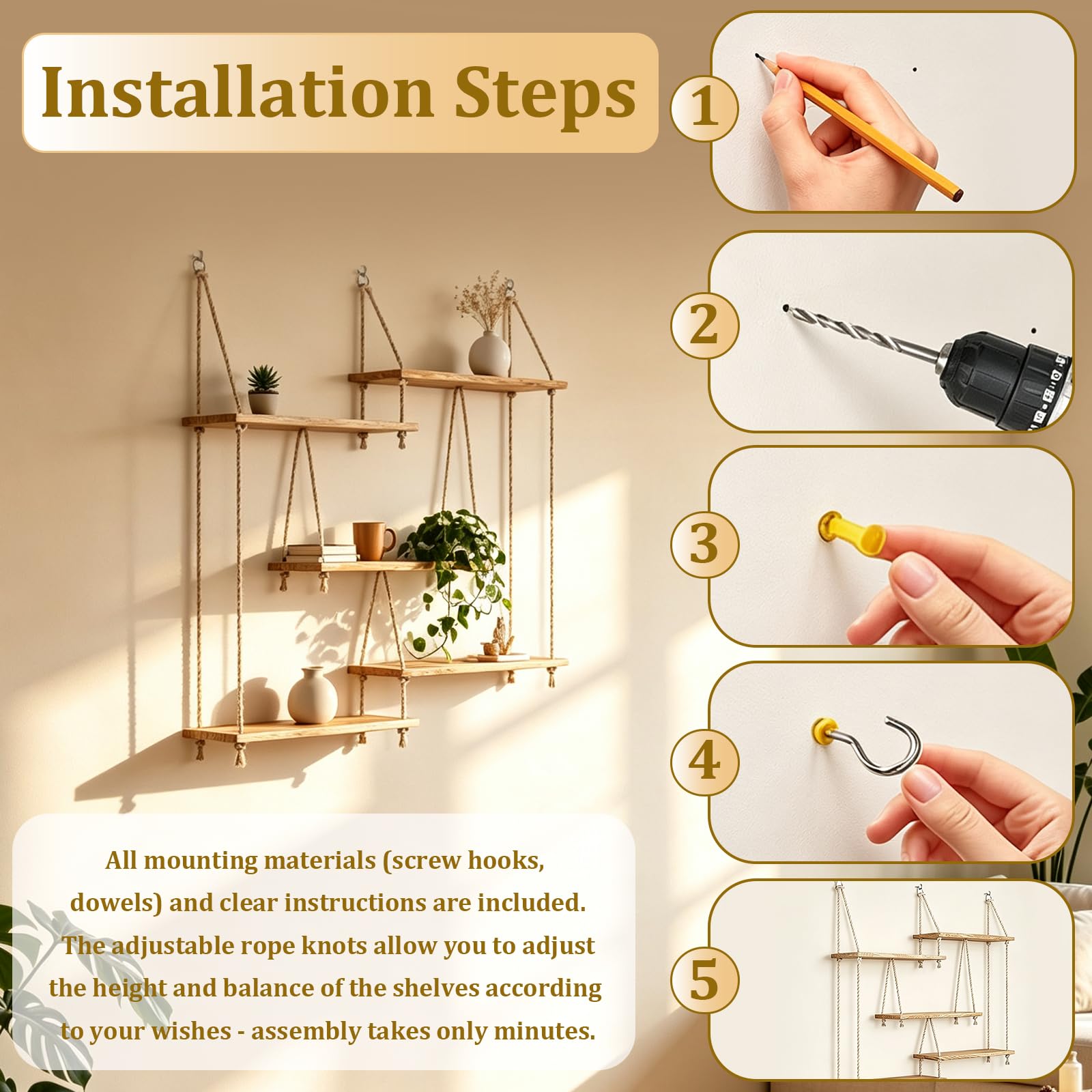 Estantería De Pared De Madera, Estante Flotante De 5 Niveles Colgante | Estilo Bohemio Para Plantas Y Libros Decoración De Macramé Con Guirnalda De Luces De 1,6M Para Sala De Estar Dormitorio