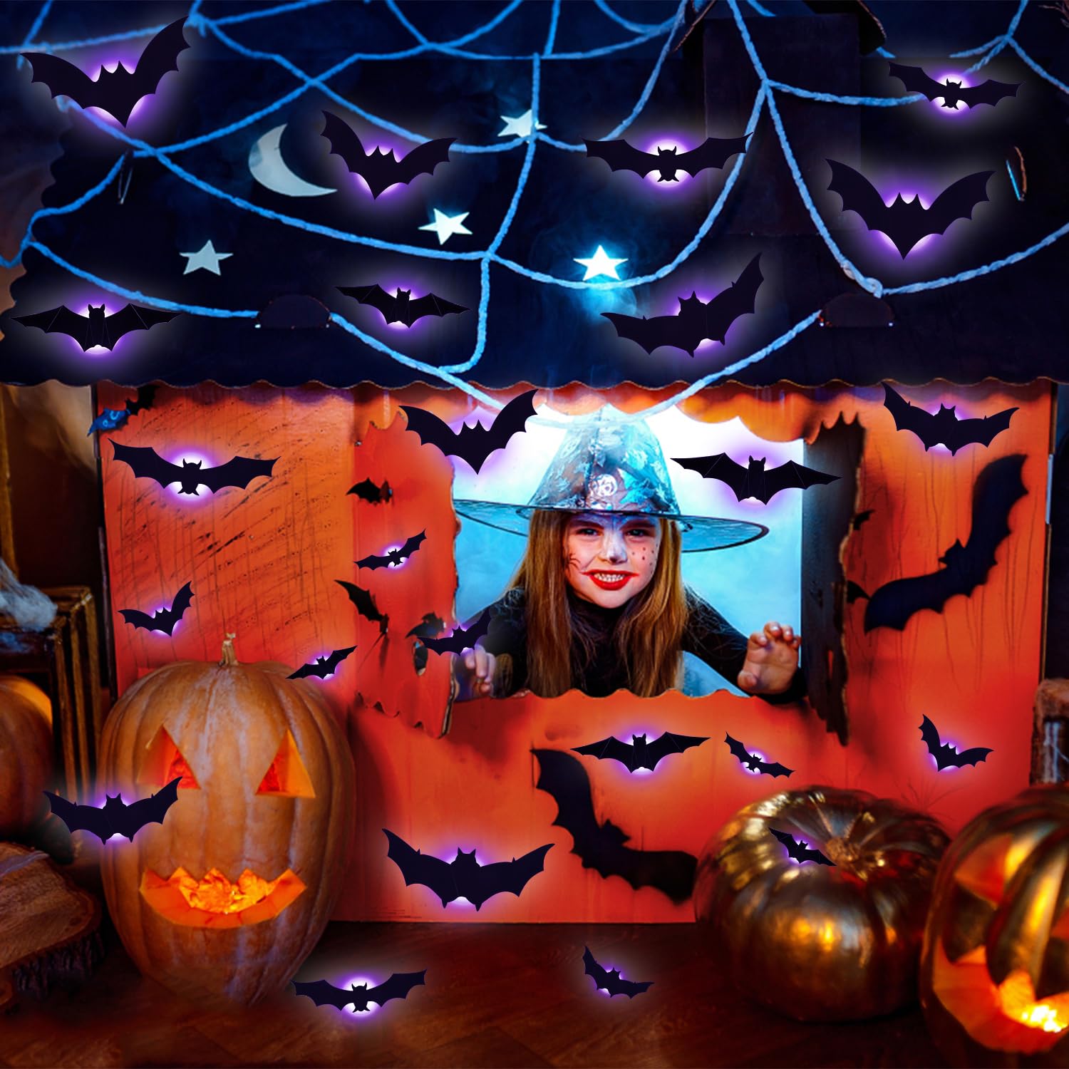 100 Piece 3D Halloween Bat Decor - Glow In Dark Bats With Fangs In 4 Sizes For Wall & Window Decor