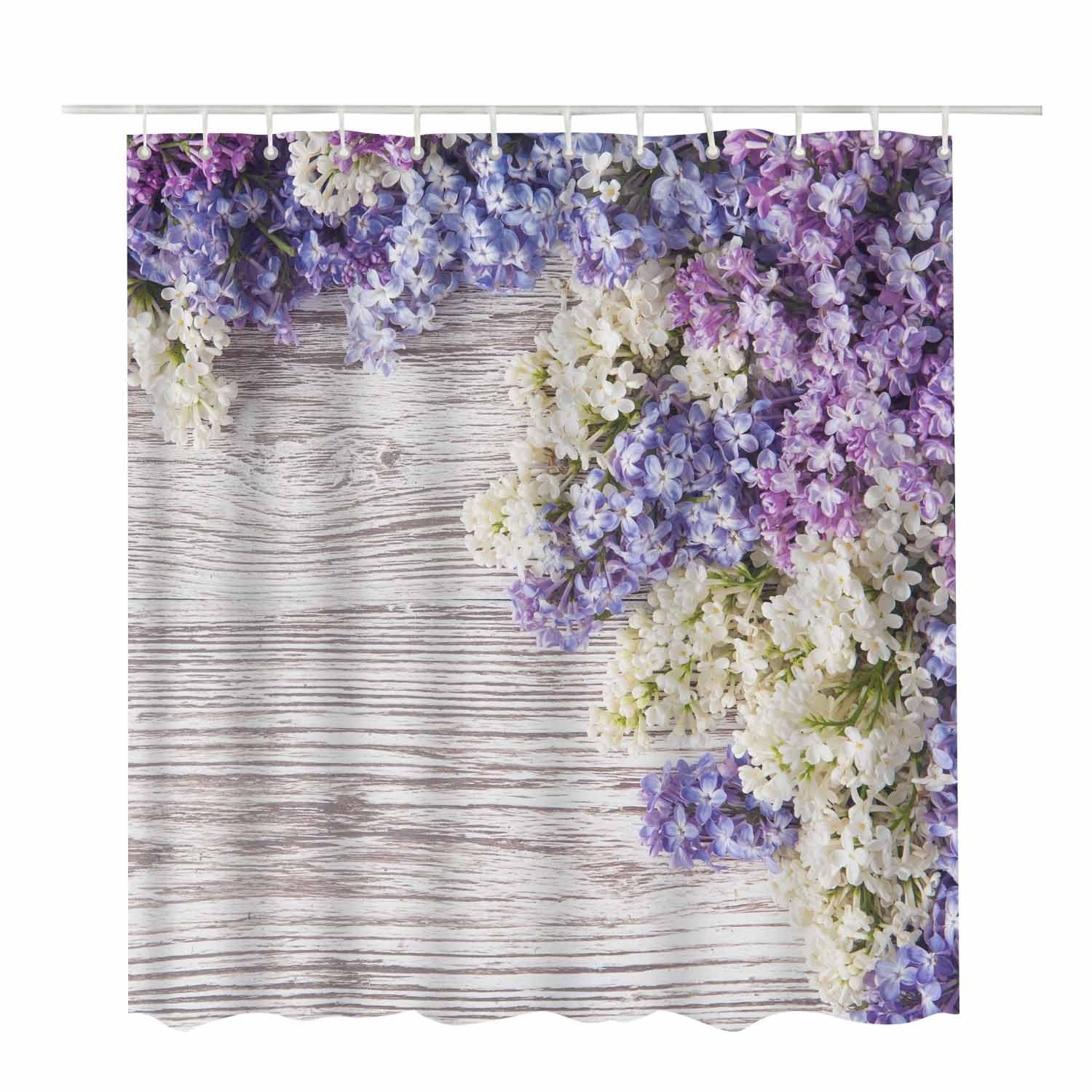Woutay Shower Curtain Water Repellant Fabric Purple Flowers Bouquet,Mould Proof Resistant,Polyester,with 12 Plastic Hooks - Image 2