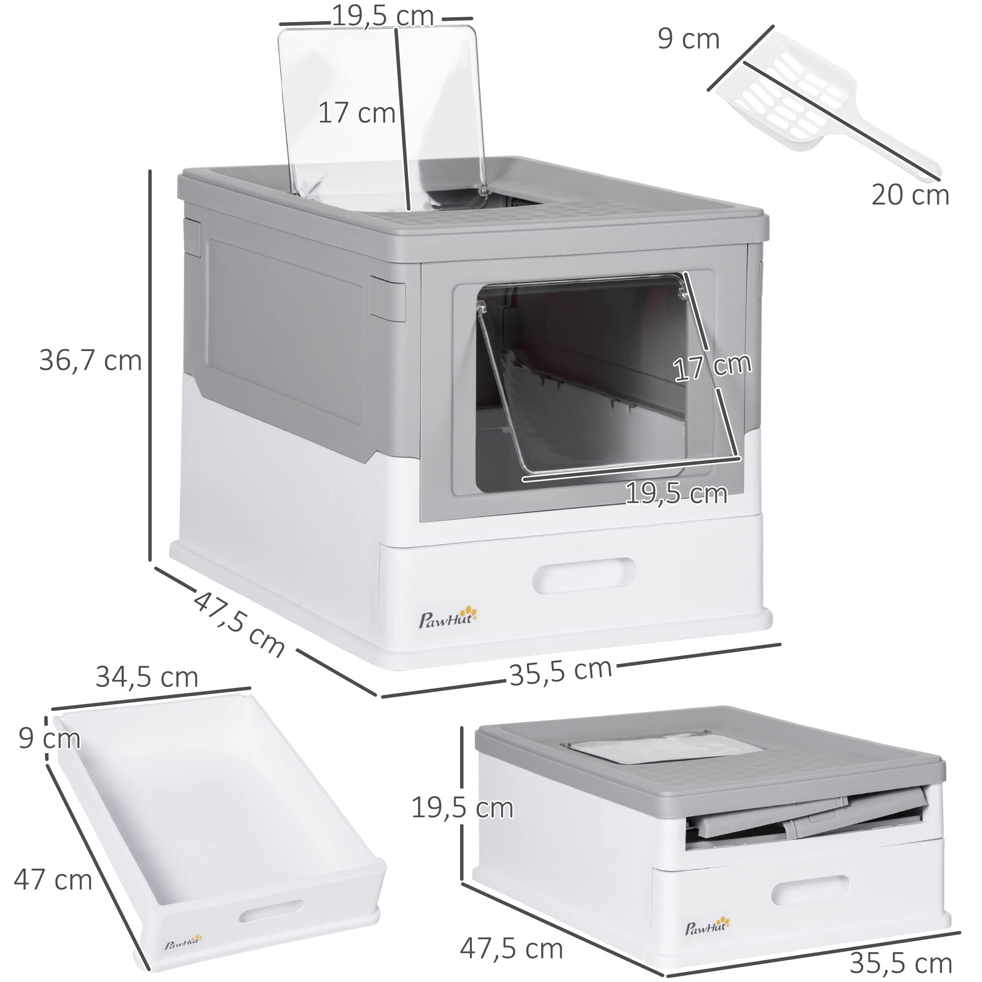 PawHut Arenero para Gatos Plegable Bandeja Extraíble Tapa Gris y Blanco | Caja de Arena para Gatos, Pala, Fácil de Limpiar, Control de Olores, Antichapotones, para Raza Pequeña y Mediana