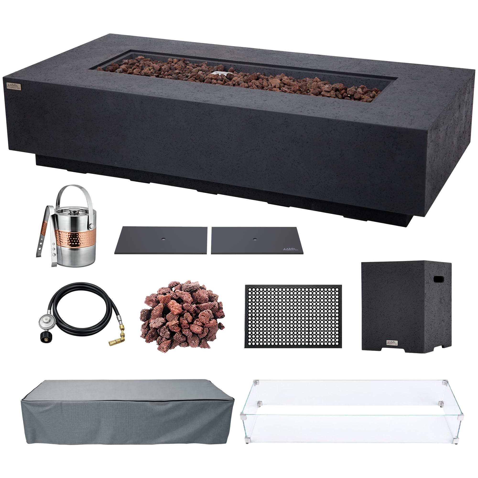 AMS 72" Rectangular Concrete Propane Gas Fire Pit Table Bundle - Dark Gray