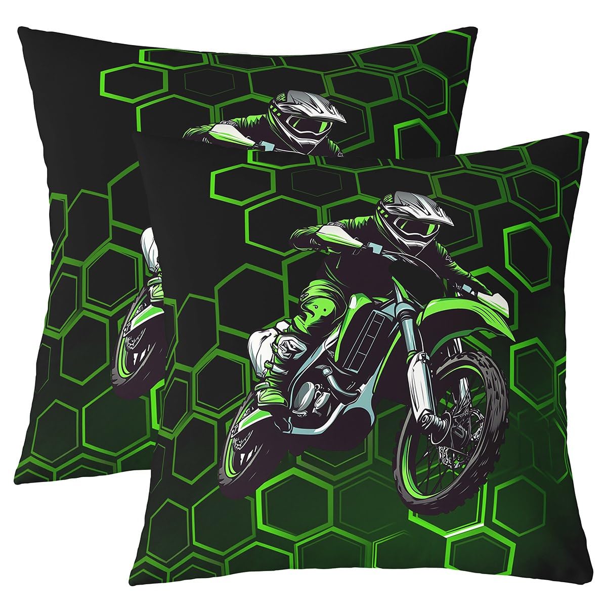 Homemissing Green Honeycomb Dirt Bike Cushion Covers Set of 2 45x45cm For Sofa Couch Chair Kids Boys Teens Men Extreme Sports Pillow Covers Hexagonal Geometric Cushion Case Motorbike Pillow Cases — image 1