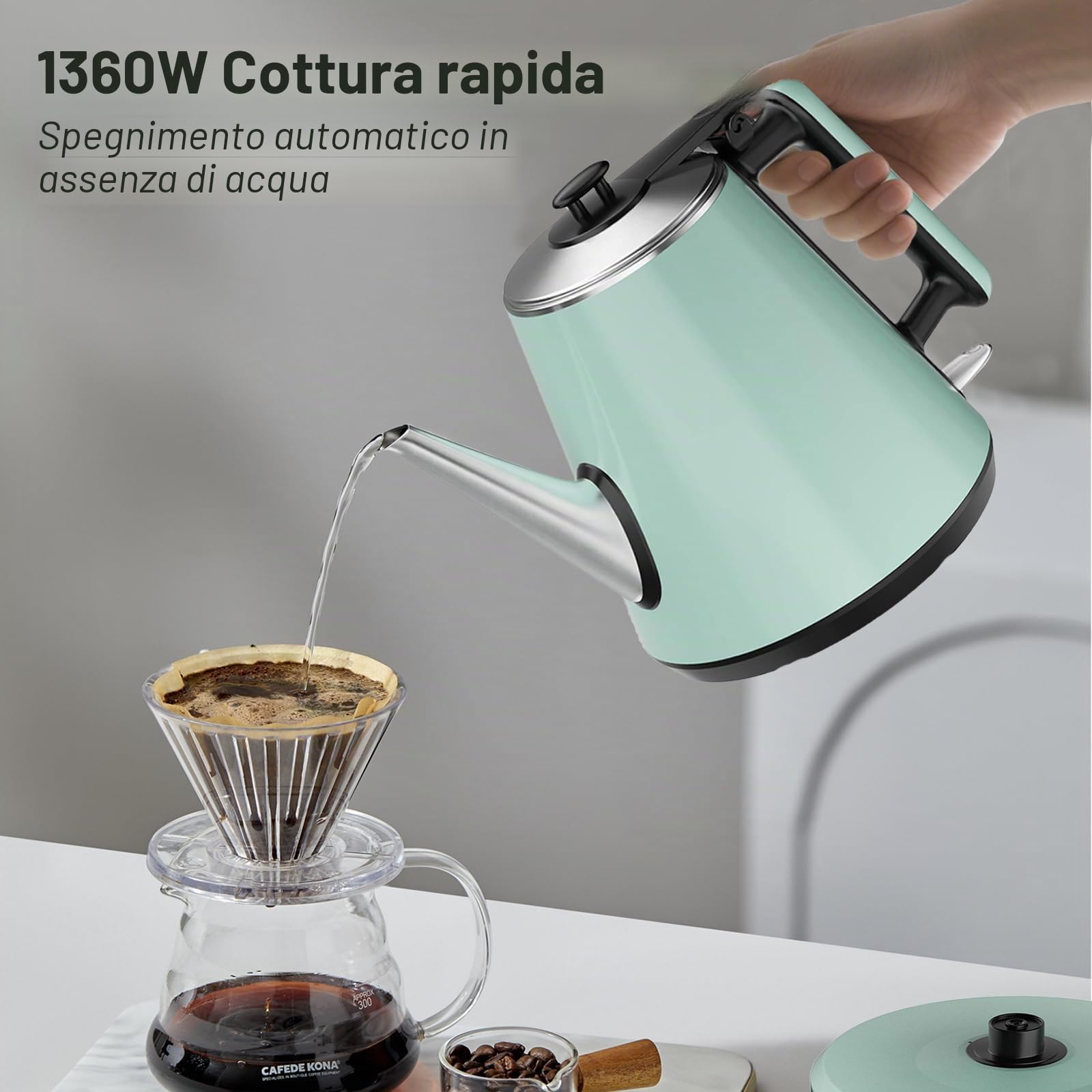 Bollitore con Collo d'Oca 0,9L, 1360W, 304 Acciaio Inox, Verde Pallido