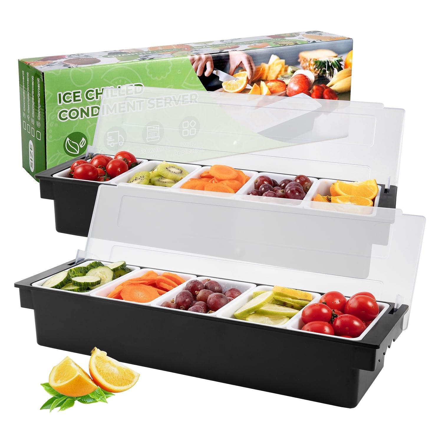 POWLAB Fruit, Veggie & Condiment Caddy with Lid Dispenser Tray Garnish Station for Bartending & Serving Taco (2, 5 Compartment)