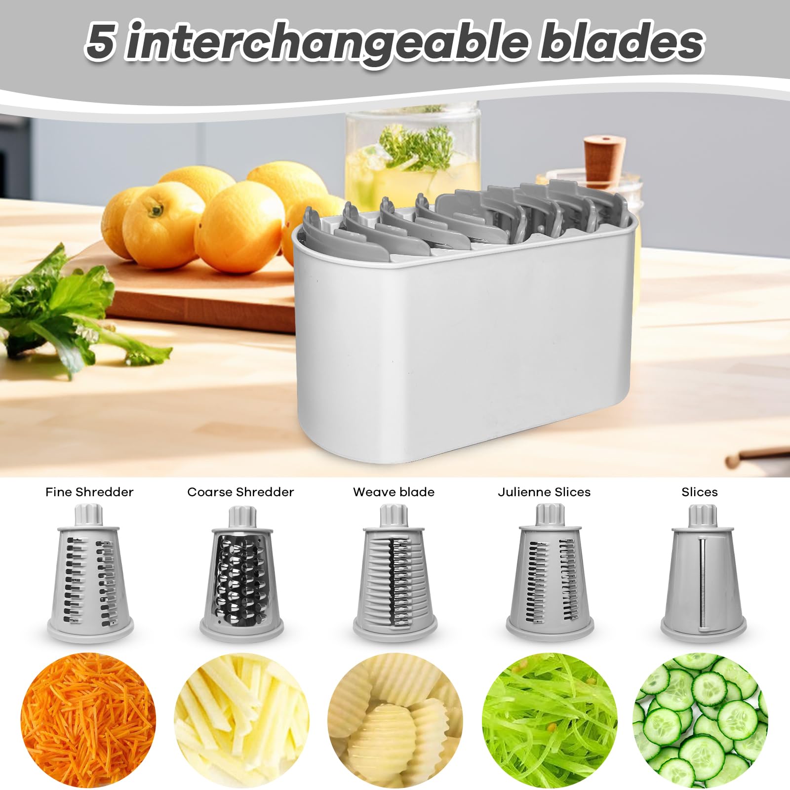 Rotary Cheese Grater with Handle, Hand Crank Cheese Shredder Kitchen Mandoline Vegetable Slicer with 5 Interchangeable Blades, Easy to Clean Rotary Grater for for Cheese Potato Nuts Chocolate