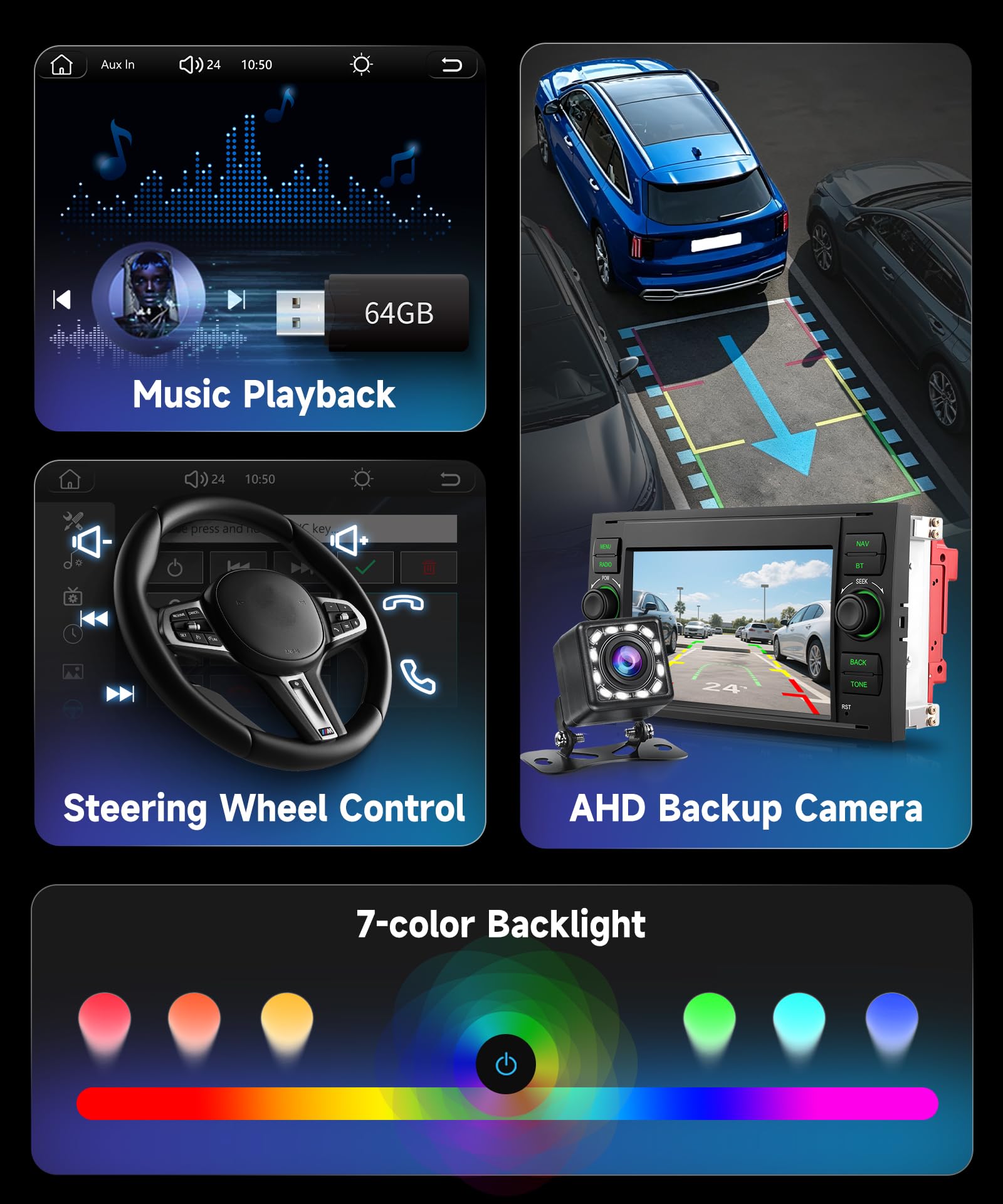 Hodozzy Radio samochodowe do Ford Transit Fiesta Focus z bezprzewodowym Carplay Android Auto,7-calowy ekran z Bluetooth/RDS, radiem, SWC/USB/GPS/EQ/Mirror Link, kamera cofania