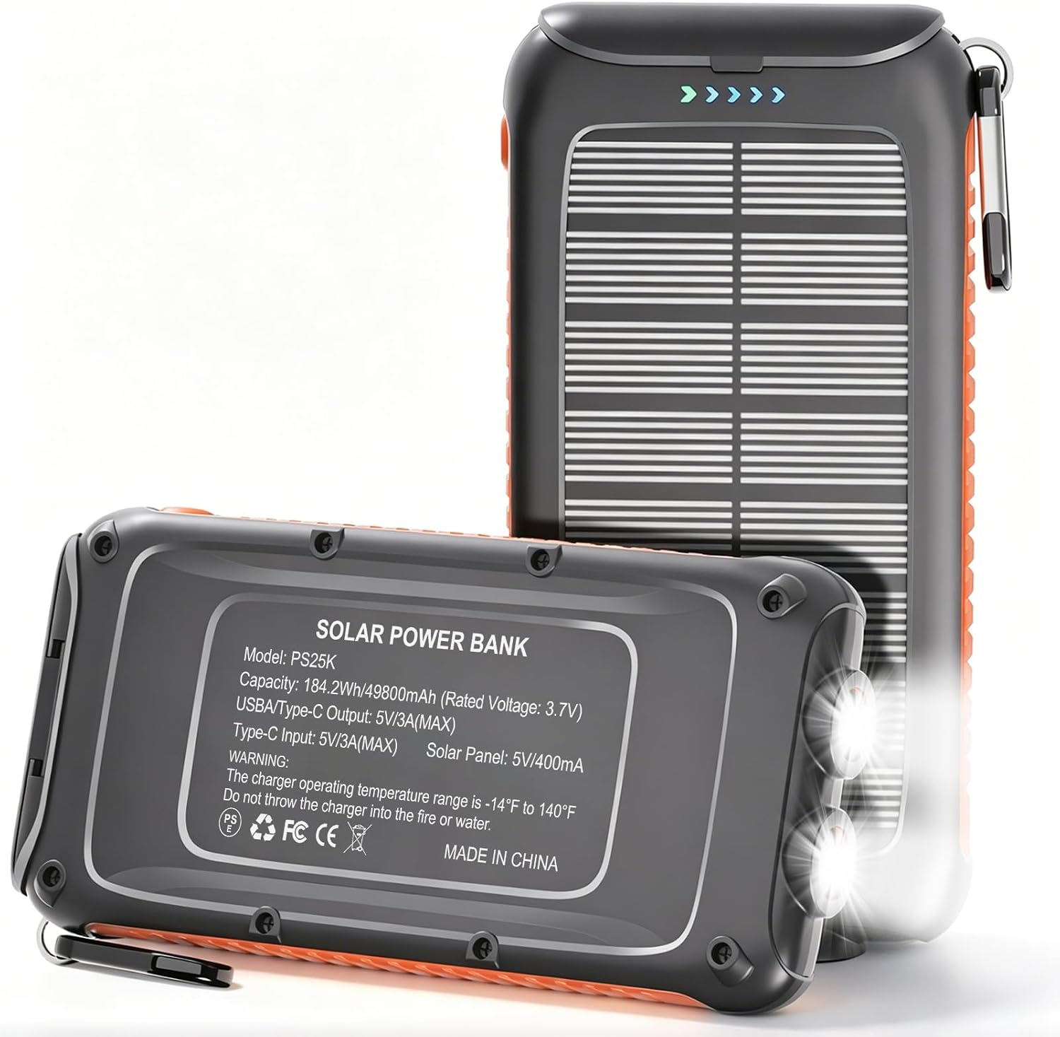 Solar Charger Power Bank 49800mAh, Portable Solar Phone Charger with 2 USB-A & USB-C Ports, 15W Fast Charging for iPhone, Samsung and More, Dual Flashlightfor Camping, Travel & Emergency Backup