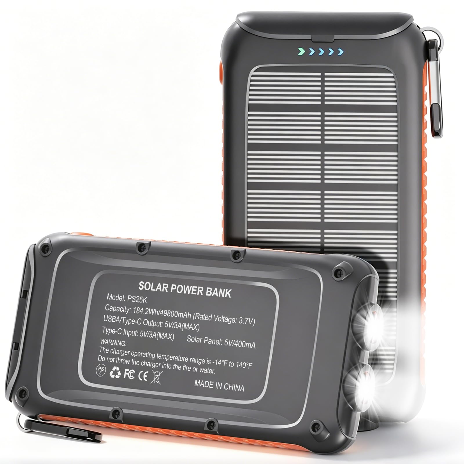 Caricatore solare Power Bank 49800 mAh, caricabatterie solare portatile con 2 porte USB-A e USB-C, ricarica rapida da 15 W per iPhone, Samsung e altri, doppia torcia elettrica per campeggio, viaggi e