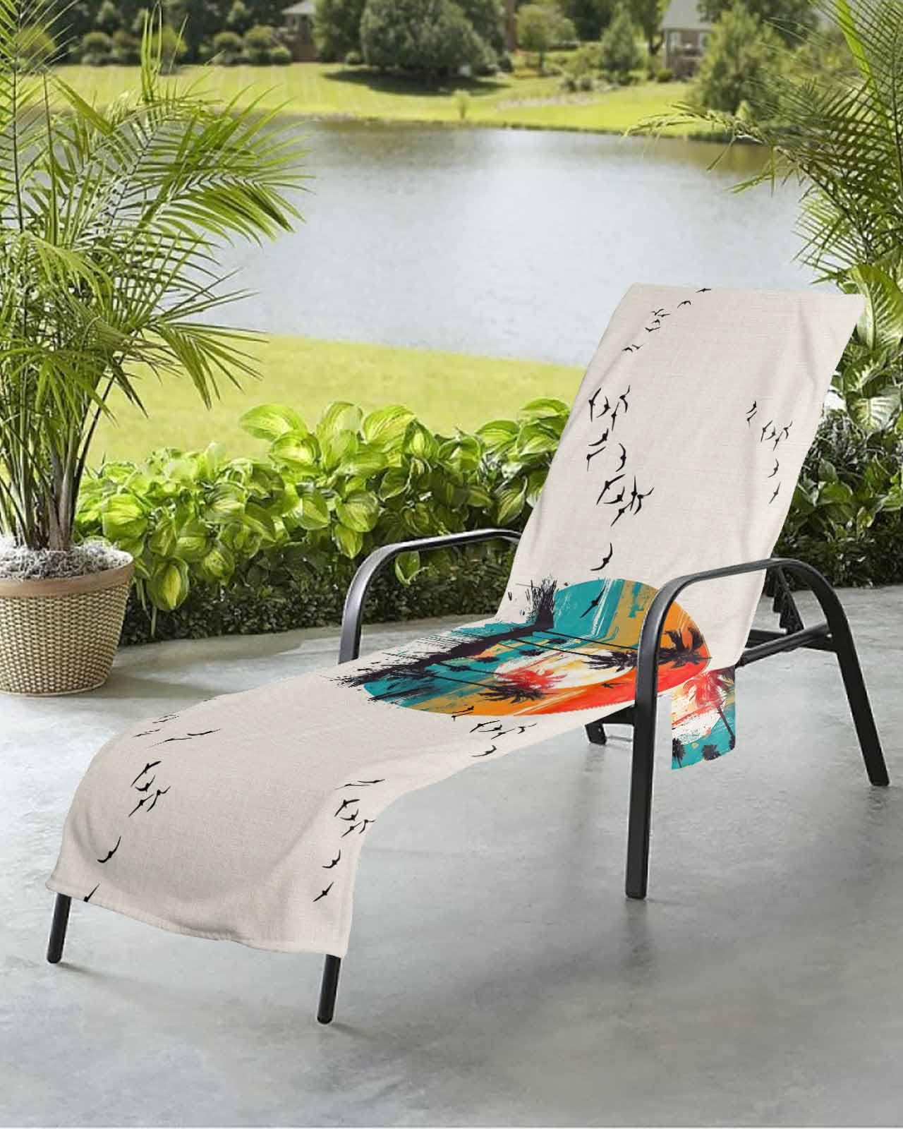 Beach Pool Patio Lounge Chaise Chair Cover Towel with Pockets,Tropical Palm Coconut Absorbent & Quick Dry Microfiber Towel Cover Bag Summer Travel Accessories Summer Island Bird Graffiti Seascape