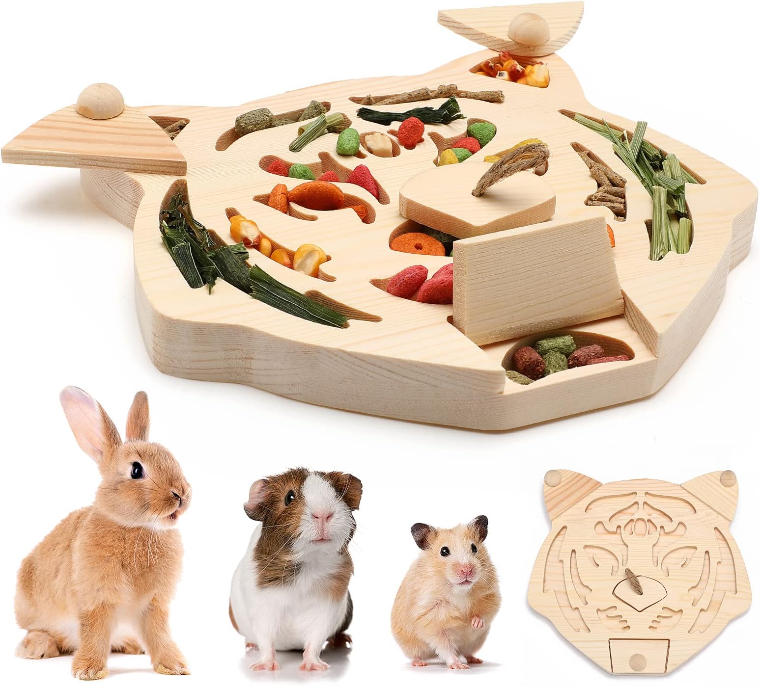 Sieral Wooden Enrichment Foraging Toy for Small Pet 7.7''x 7.1'' Interactive Hide Treats Puzzle Rabbit Small Animal Mental Stimulation Boredom Toys for Guinea Pig Hamster Bunny Rat Chinchilla