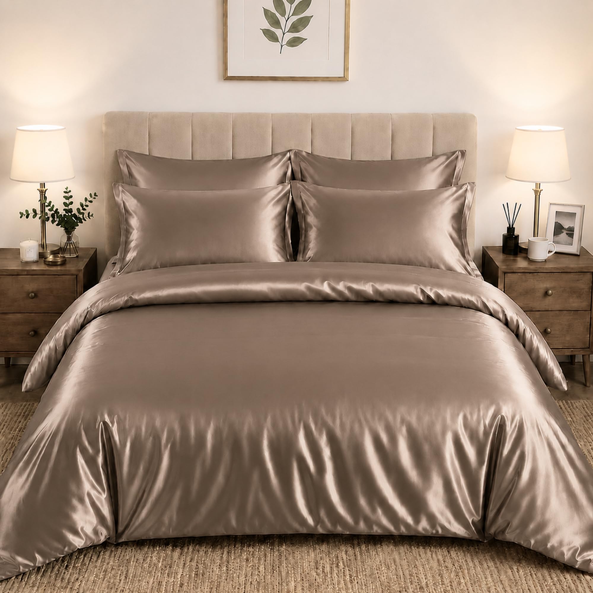 CHARKHAH Satin Silk 6 Piece Complete Bedding Set Durable Silky Fabric with Single Double King Size Bed Fitted Sheet Duvet Cover Comforter and 4 Pillow Cases (Double, Mink) — image 1