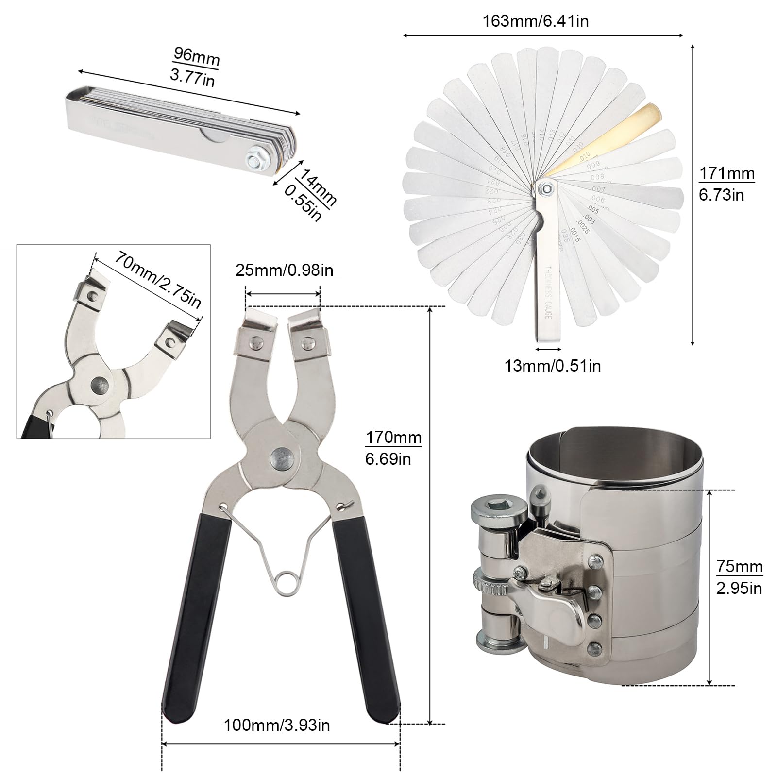 ePathChina 3inch Car Engine Piston Ring Compressor Tool Piston Installer Plier with Wrench and Feeler Gauge, Adjustable Sizes From 2-1/8 Inches To 7 Inches, Piston Ring Installer Removal Kit