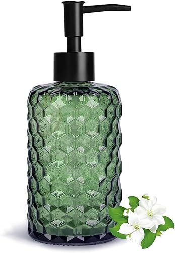 Dispensador de jabón de vidrio con bomba negra de 17 onzas, diseño de panal verde, botella líquida recargable para encimera, dispensador de loción