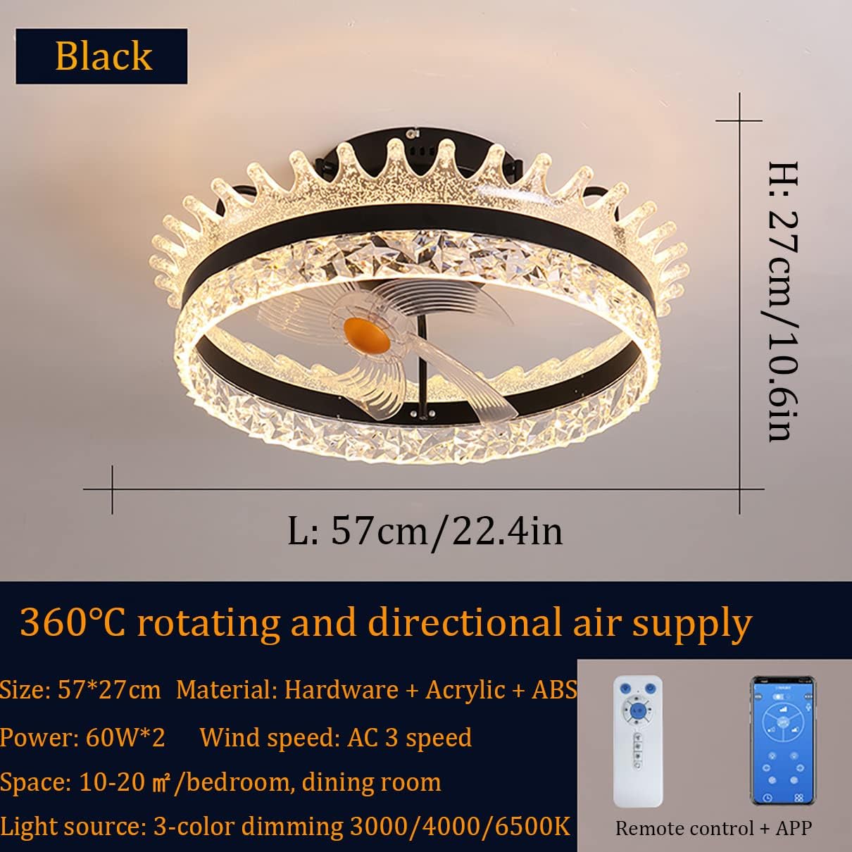YUEGOO Ceiling Fans with Lamps,Crystal Fan with Ceiling Lighting Led Dimmable Ceiling Fan Lights 360° Shaking Head Directional Air Supply Mute Fan Ceiling Lamp for Living Room Bedroom/Black