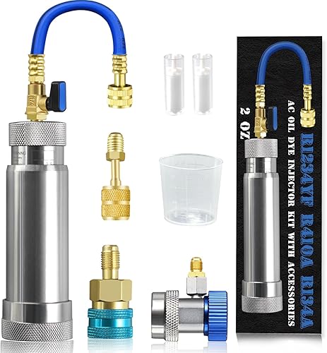 Kit de inyector de tinte de aceite de CA R134A y R1234YF y R410A con acoplador rápido R134A R1234YF Acoplador rápido Adaptador R410A 2 comprobadores