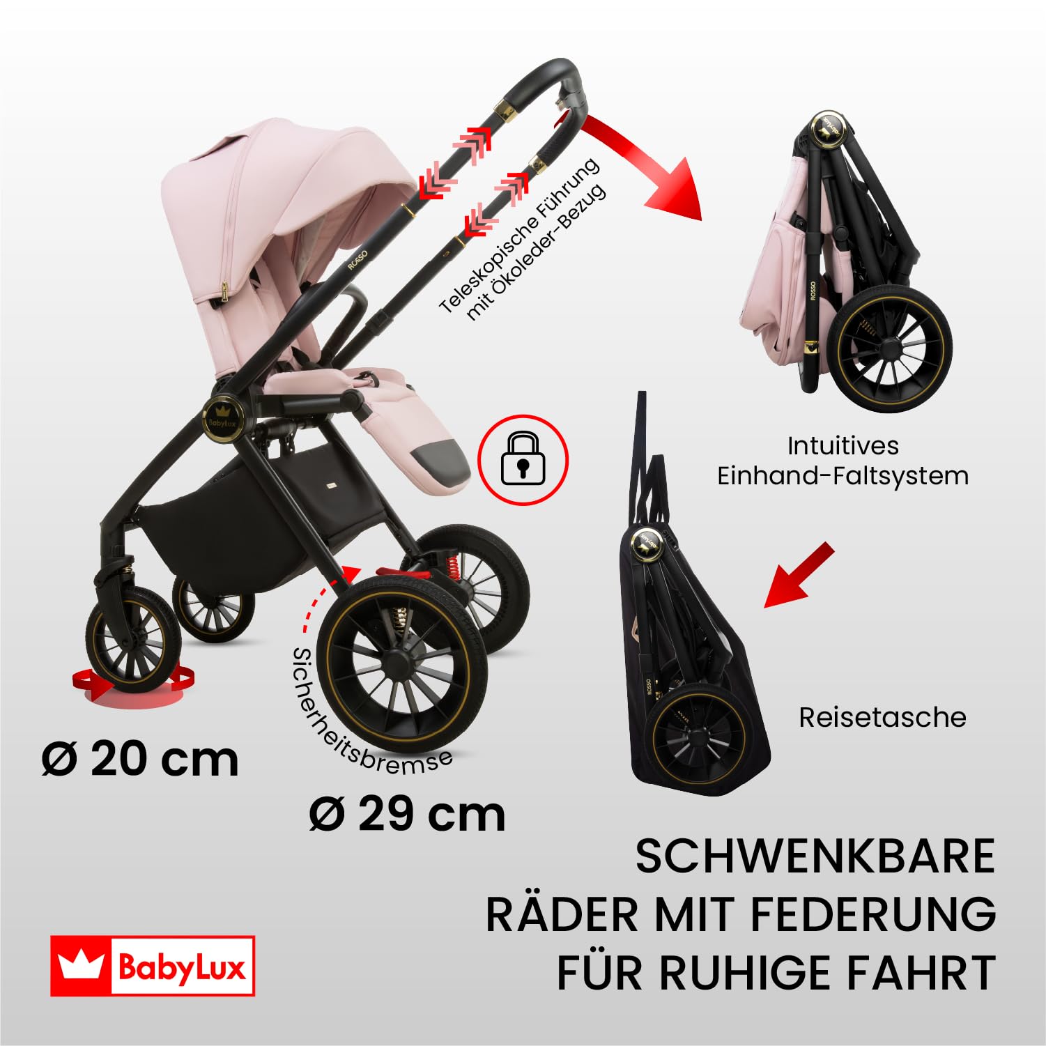 BabyLux® Kinderwagen 3in1 Set ROSSO, Faltbar Leicht Kombikinderwagen Set incl. Babywanne, Buggy Sportsitz, Babyschale i-Size, Wickeltasche und mehr Zubehör, 4 Liegepositionen, 0-22kg, UV Schutz 50+