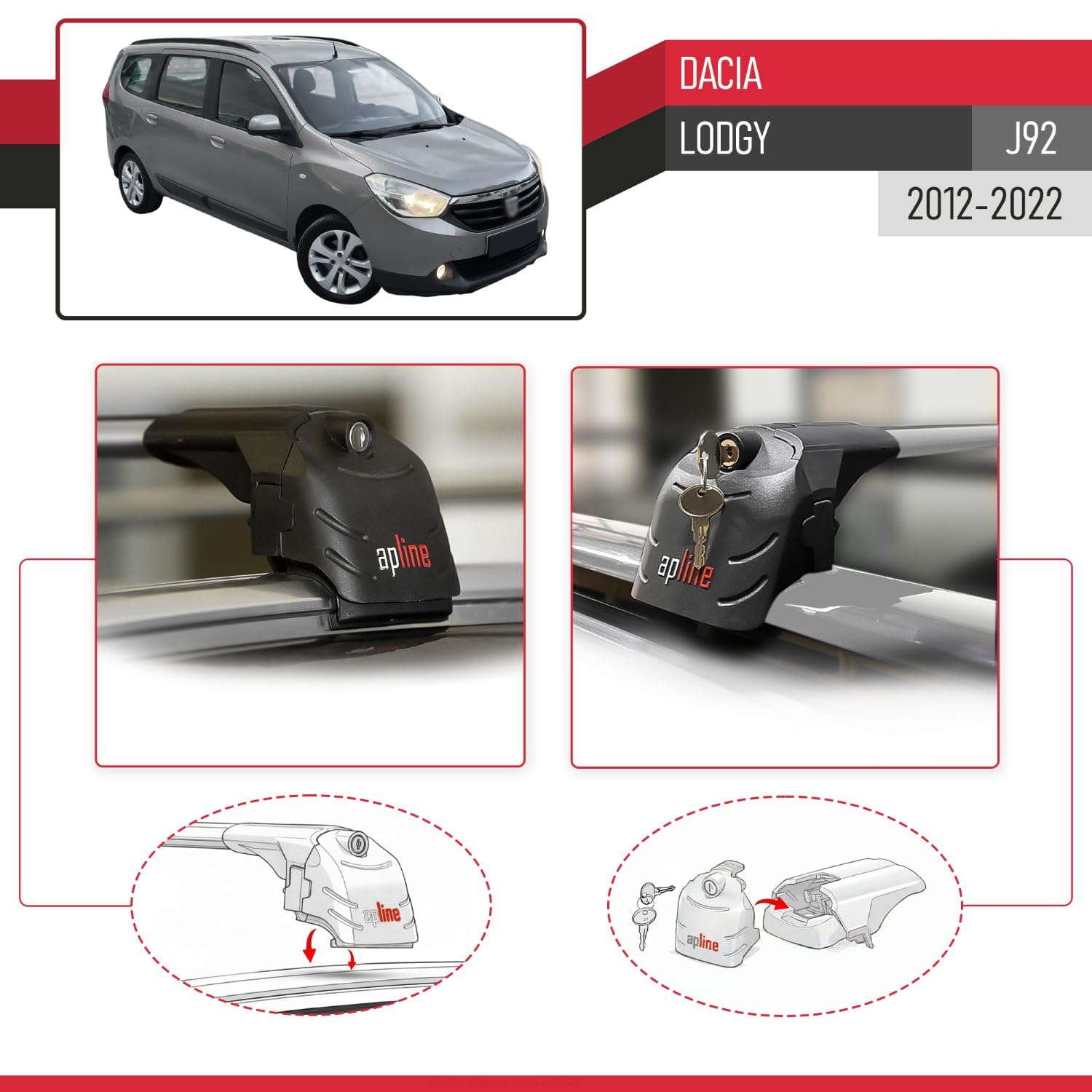 Compatible con Dacia Lodgy (J92) 2012-2022 Modelo Ace-2 Barra de Techo Auto Portaequipajes Barras Transversales Gris Aluminio 2 Barras