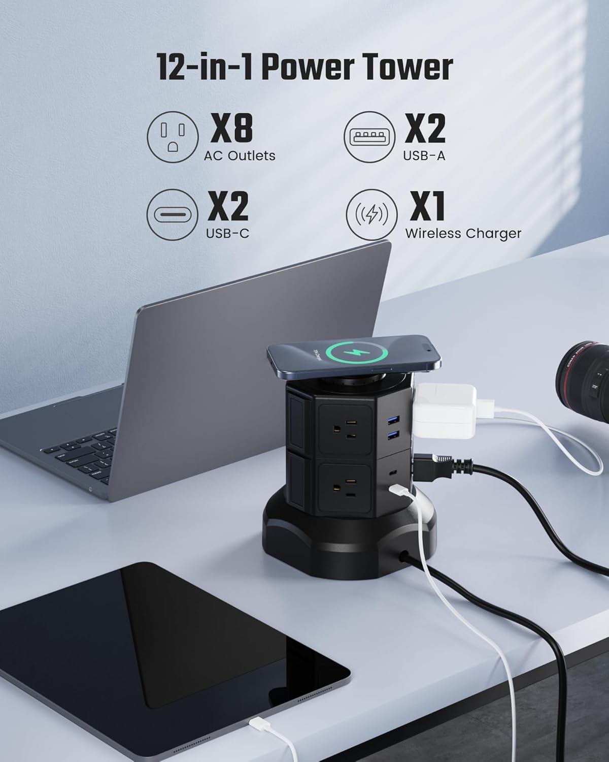 Power Strip Tower, SUPERDANNY Surge Protector Tower, 1050J 13A Charging Station with 8 AC Outlets & 4 USB Ports (2 USB C), 6.5ft Extension Cord with Multiple Outlets, Power Strips Black