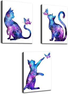 KLVOS Cute Animal Wall Art for Kids Room Decor Purple Butterfly Cats Starry Design Canvas Prints Picture 3 Panel Nursery Boy Room Wall Decor Bedroom Bathroom Home Decoration 12"x16"x3 pcs