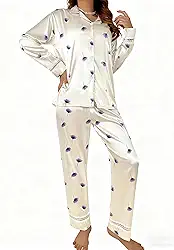 Conjunto de pijama de cetim feminino, 2 peças, com blusa de manga comprida e calça de seda, roupa de dormir para viagem em casa