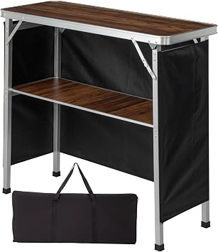 Sturdy Folding Camping Table with Storage Compact Foldable Bar Picnic Table, Durable MDF & Aluminum Frame, Holds 111 lbs, Includes Black Skirt & Carry Bag for Easy Transport, 39.4 x 15 x 35"
