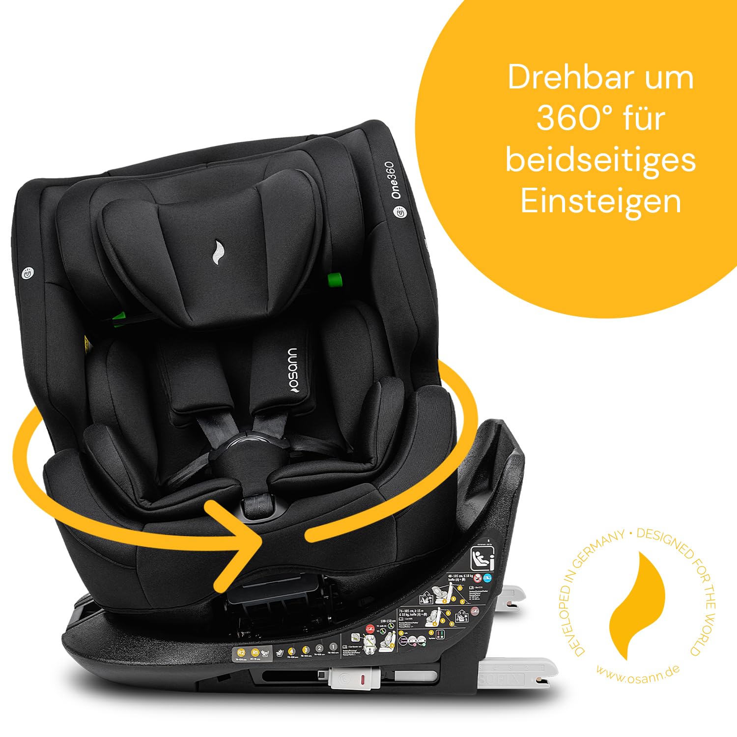 Osann One360 Reboarder 360 drehbarer Kindersitz Isofix 40-150 cm – Black | Kindersitz 0-12 Jahre, mitwachsender Baby Autositz, Kinderautositz mit viel Komfort & besonders sicher