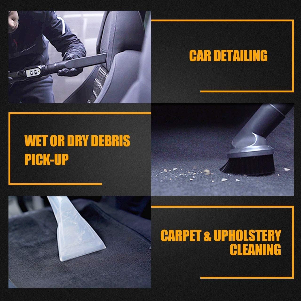 Collage showing car detailing, wet/dry debris pick-up, and carpet/upholstery cleaning applications