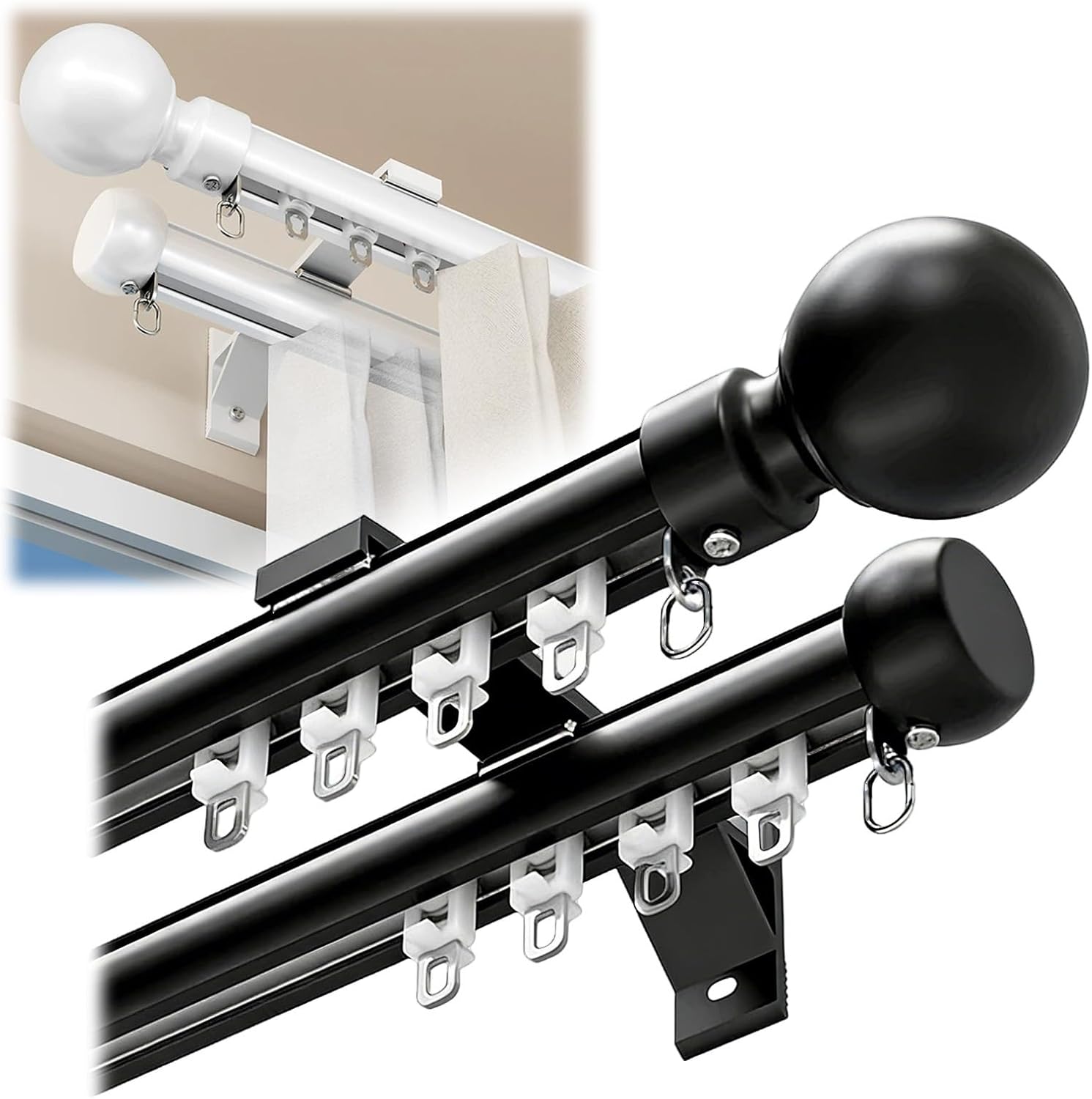 Silent Double Curtain Track Wall Mount, Aluminum Curtain Rod for Windows 8ft 10ft 12ft 14ft 16ft 18ft 20ft Heavy Duty Room Divider-Sliding Curtain Rail for Living Room(Black,5.2m(17.1ft))