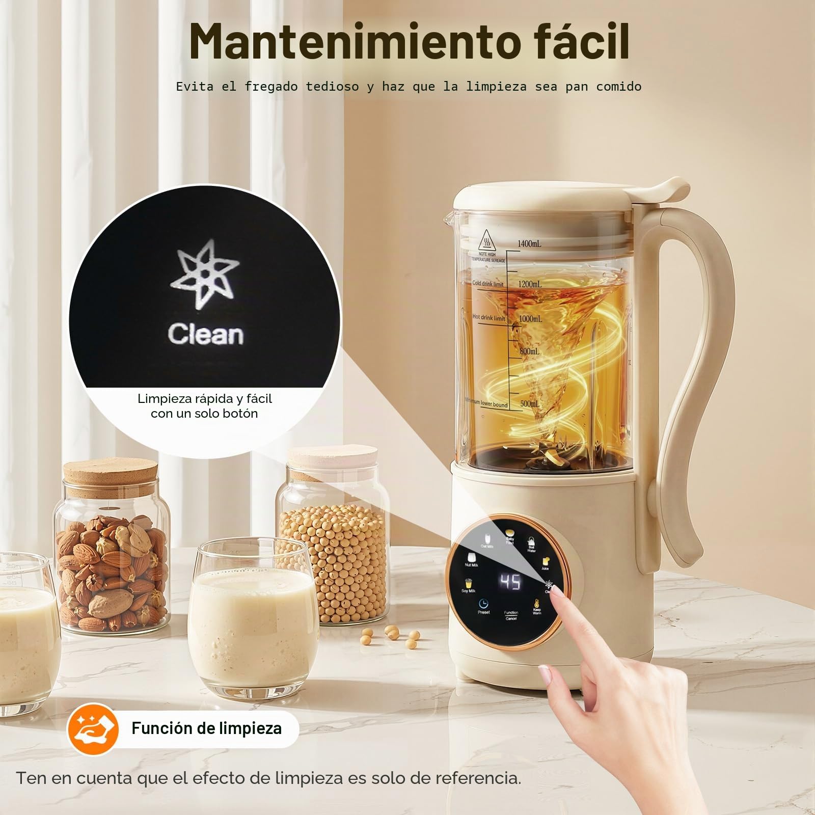 Máquina de Leche Vegetal 1.4L con Pantalla LED 16 Cuchillas Cepillo et Taza de Medición Automática para Leche de Soja Avena Almendras Yogur Milk Maker puede Aplicar Calor o Frío