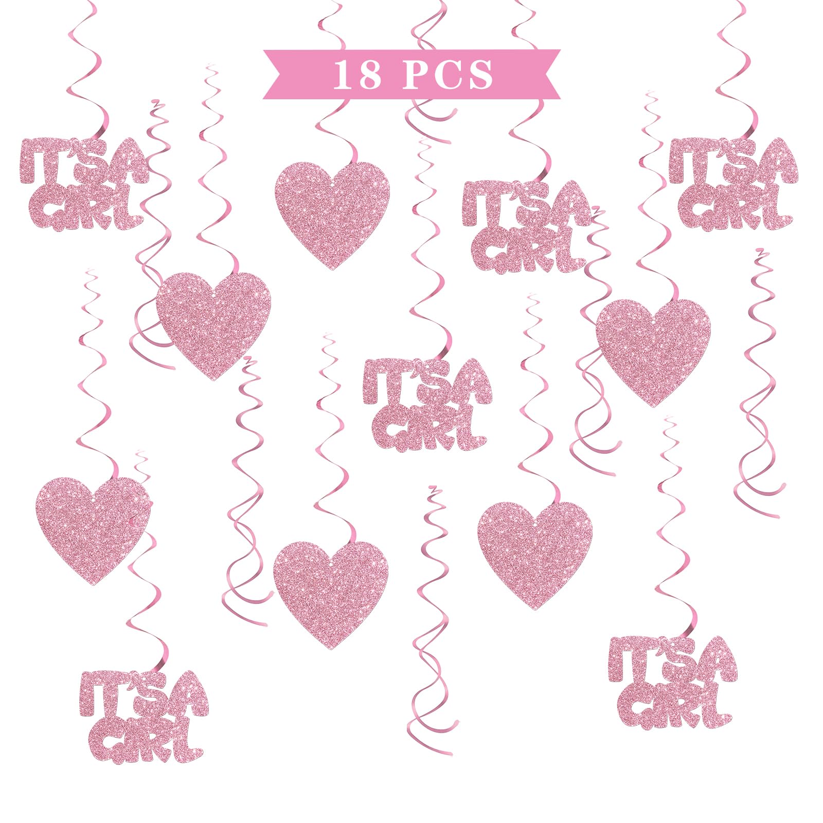 Maicaiffe It's a Girl Hanging Swirl Decorations - Glitter 18 Pcs Gender Reveal Party Supplies - Baby Shower Streamers - Welcome Baby Girl 1st Birthday