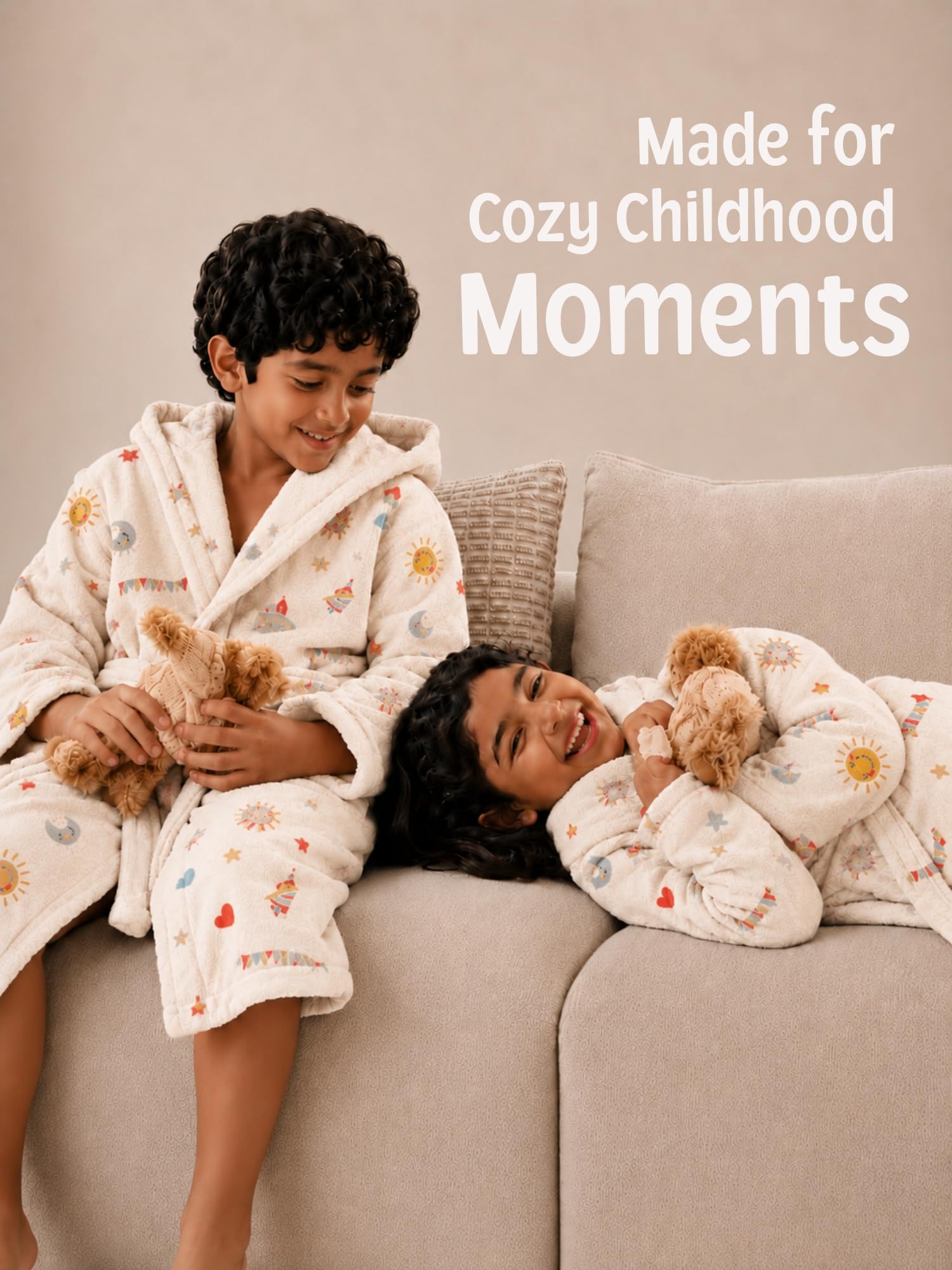 RANGOLI Premium Kids Unisex 100% Cotton Terry Hooded Bathrobe for Boys & Girls in 400 GSM with Full Sleeves, Knee Length & Elegant Printed Design (Beige-11 to 12 Years) 1