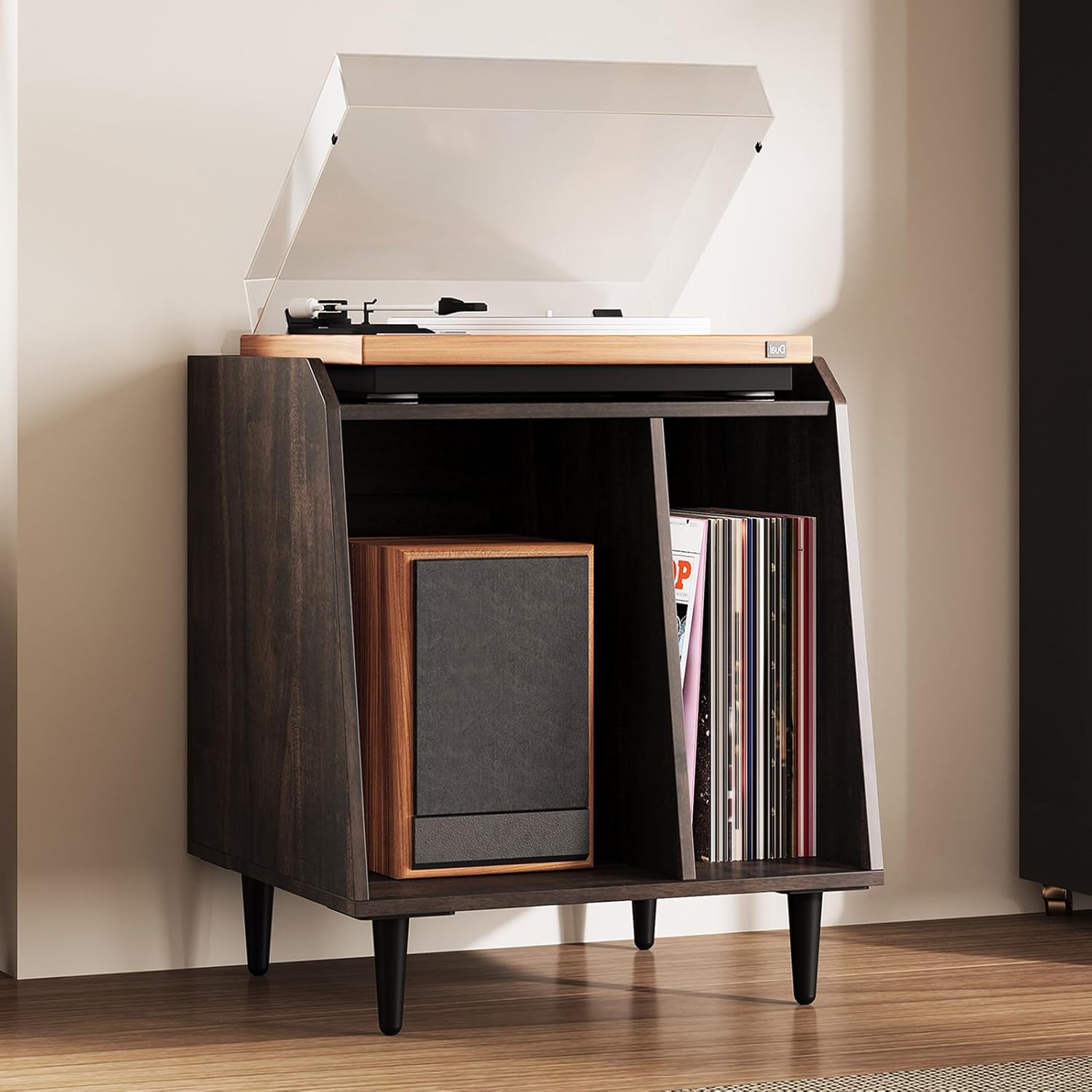 Rresyet 17.7" Record Player Stand,Small End Side Table with Adjustable Divided Shelves for Vinyl Storage,Suitable for Music Room Living Room Bedroom