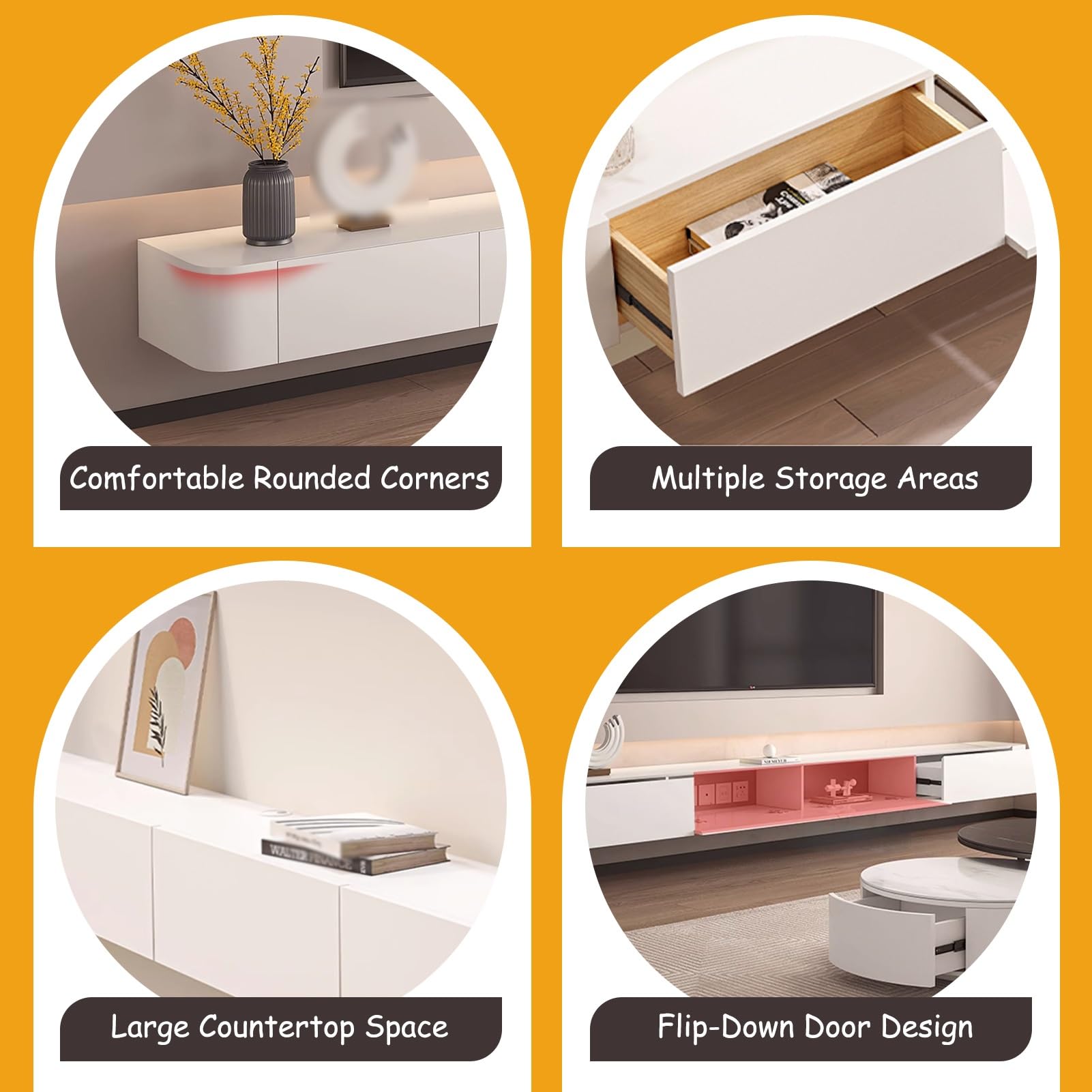 Mobile TV Moderno Sospeso Con Portaoggetti - Console Multimediale Montata A Parete Per Soggiorno E Camera Da Letto - Mobile TV Elegante Con Ripiani Aperti E Scomparti Nascosti(bianca,260cm)