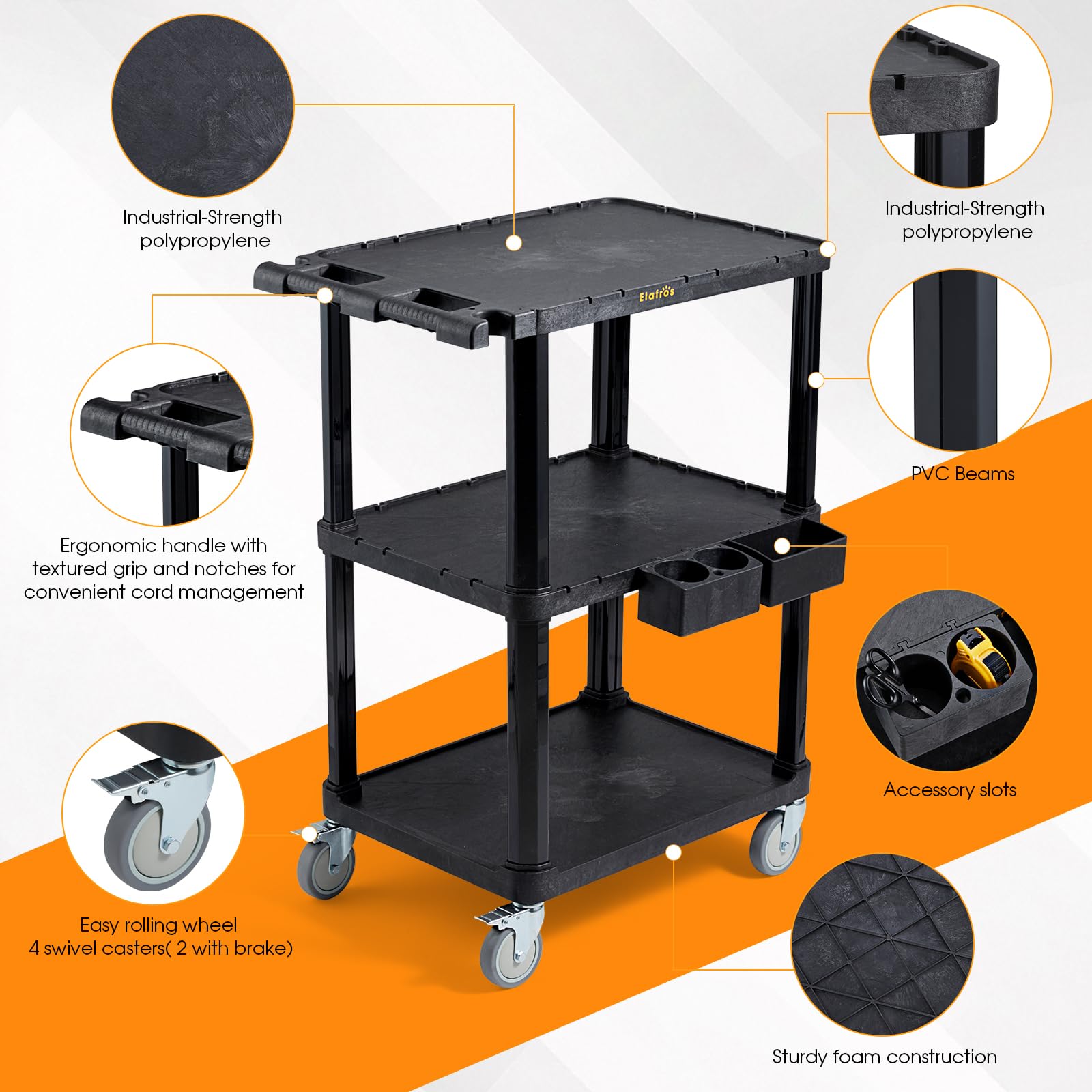 ELAFROS Robuster Mehrzweckwagen, 70 x 47 cm, 3-stöckiger Rollwagen, industrieller Kunststoff, 150 kg Kapazität, flache Regale mit Schwenkrädern – Mehrzweck-Arbeitswagen